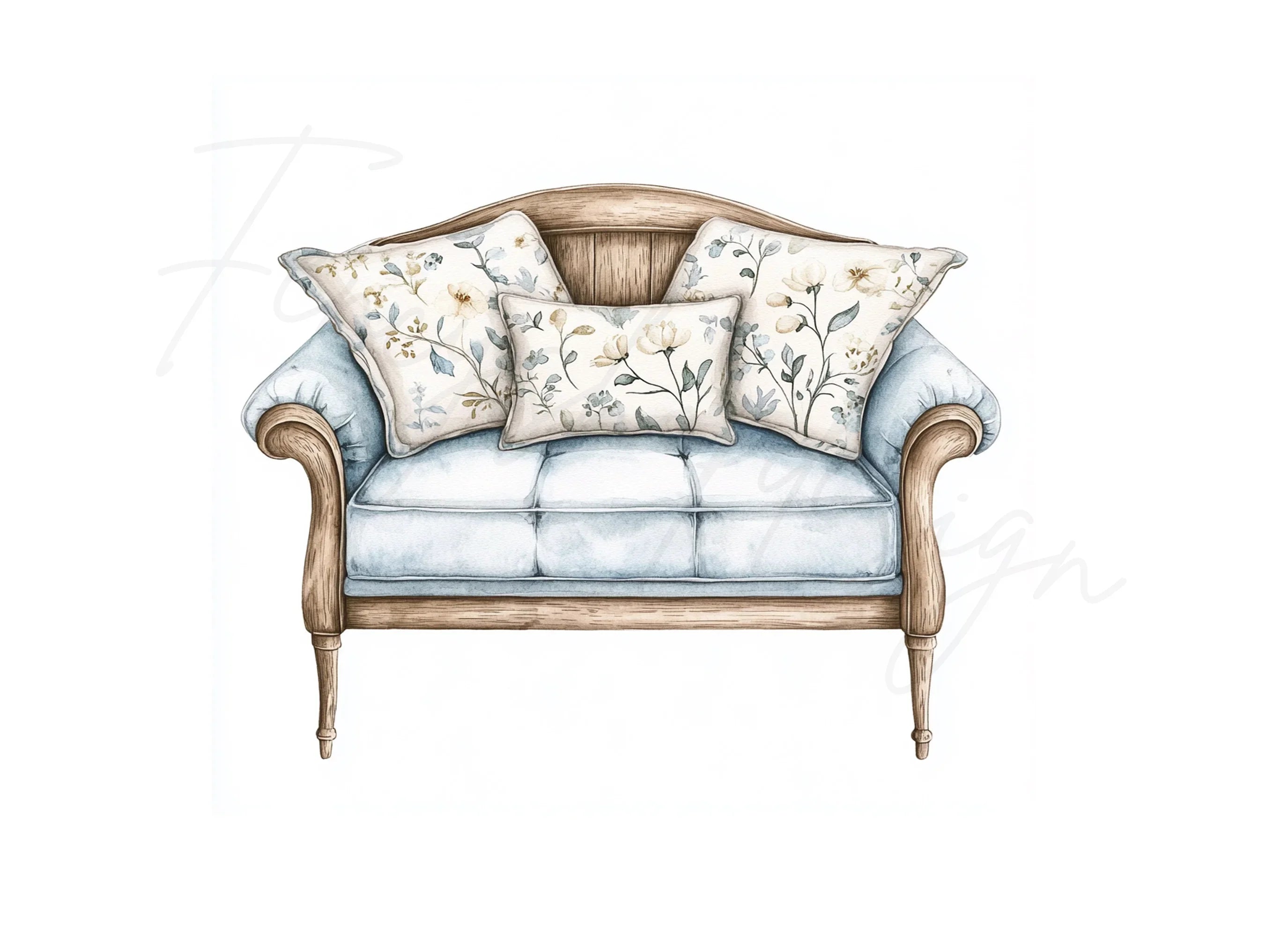 Elegant Blue Floral Sofa Clipart Bundle