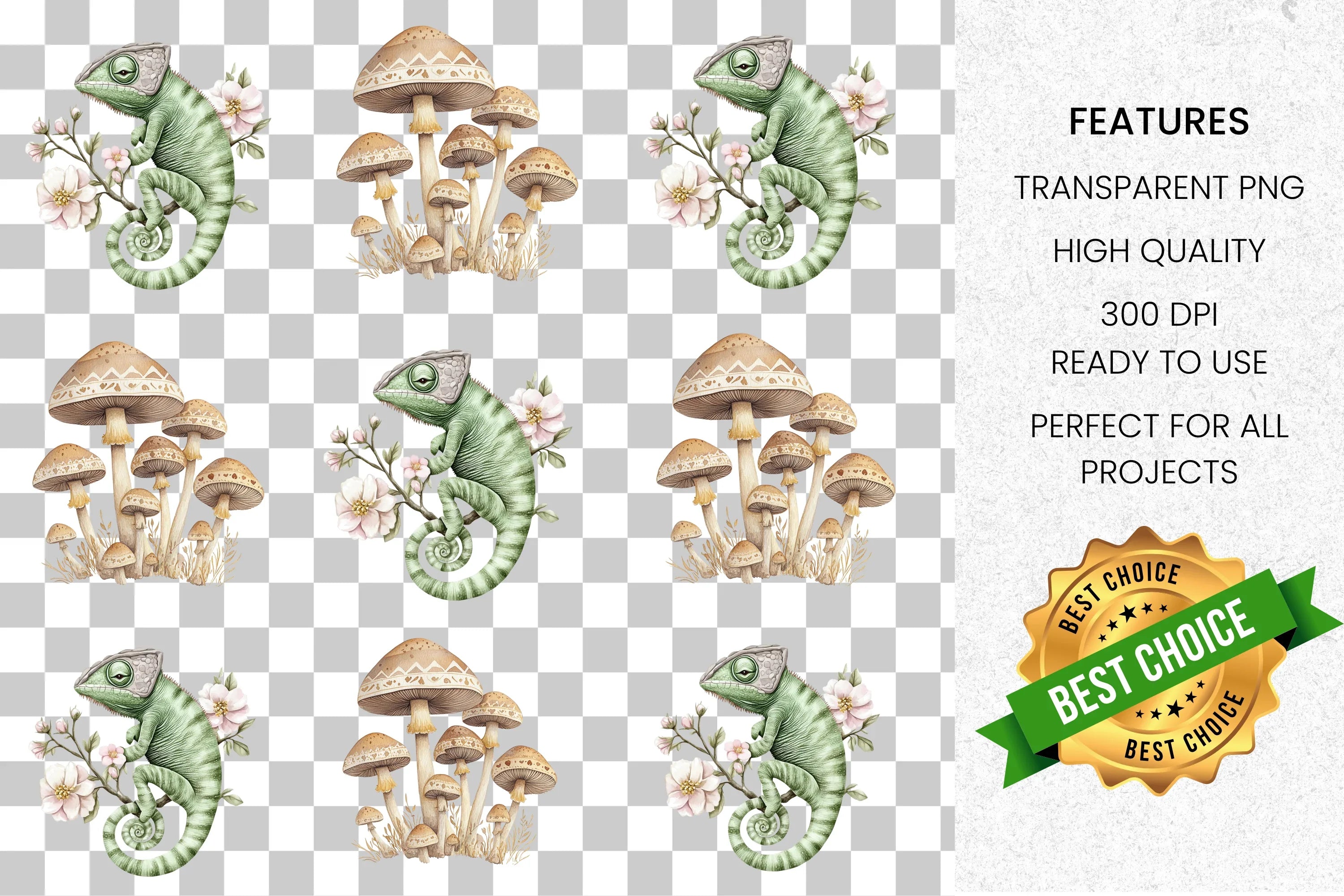 Chameleon Mushroom Clipart Bundle