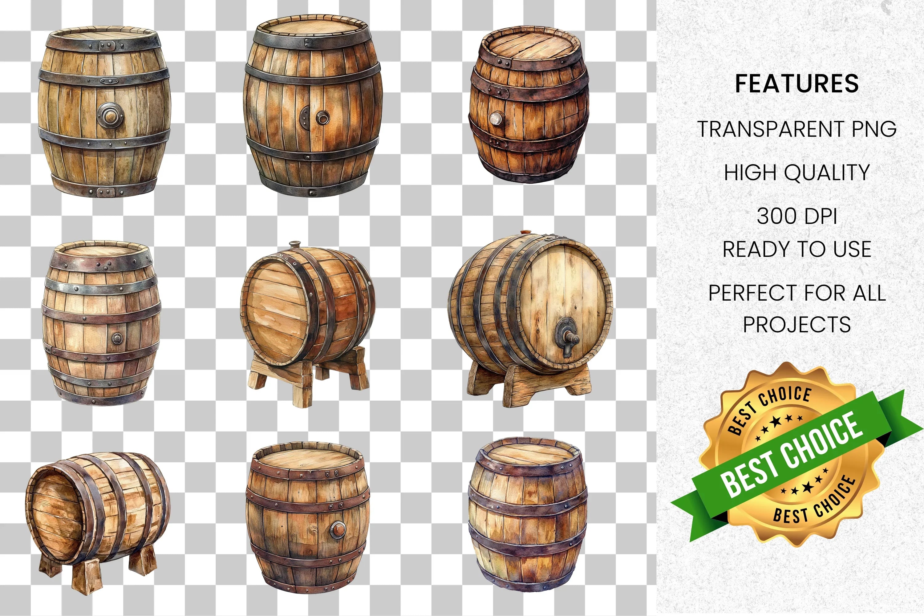 Rustic Wooden Barrels Clipart Bundle