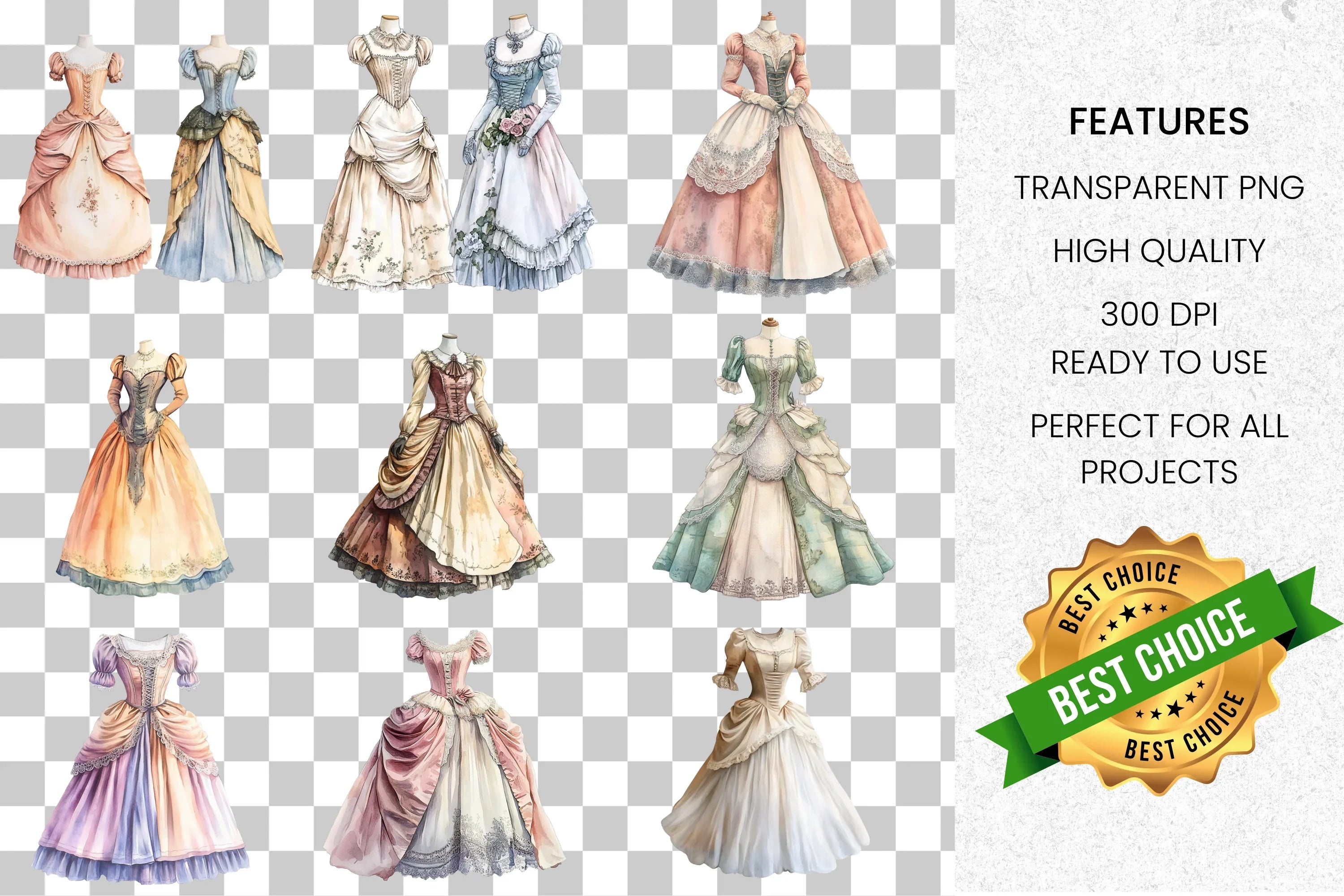 Elegant Vintage Dresses Clipart Bundle