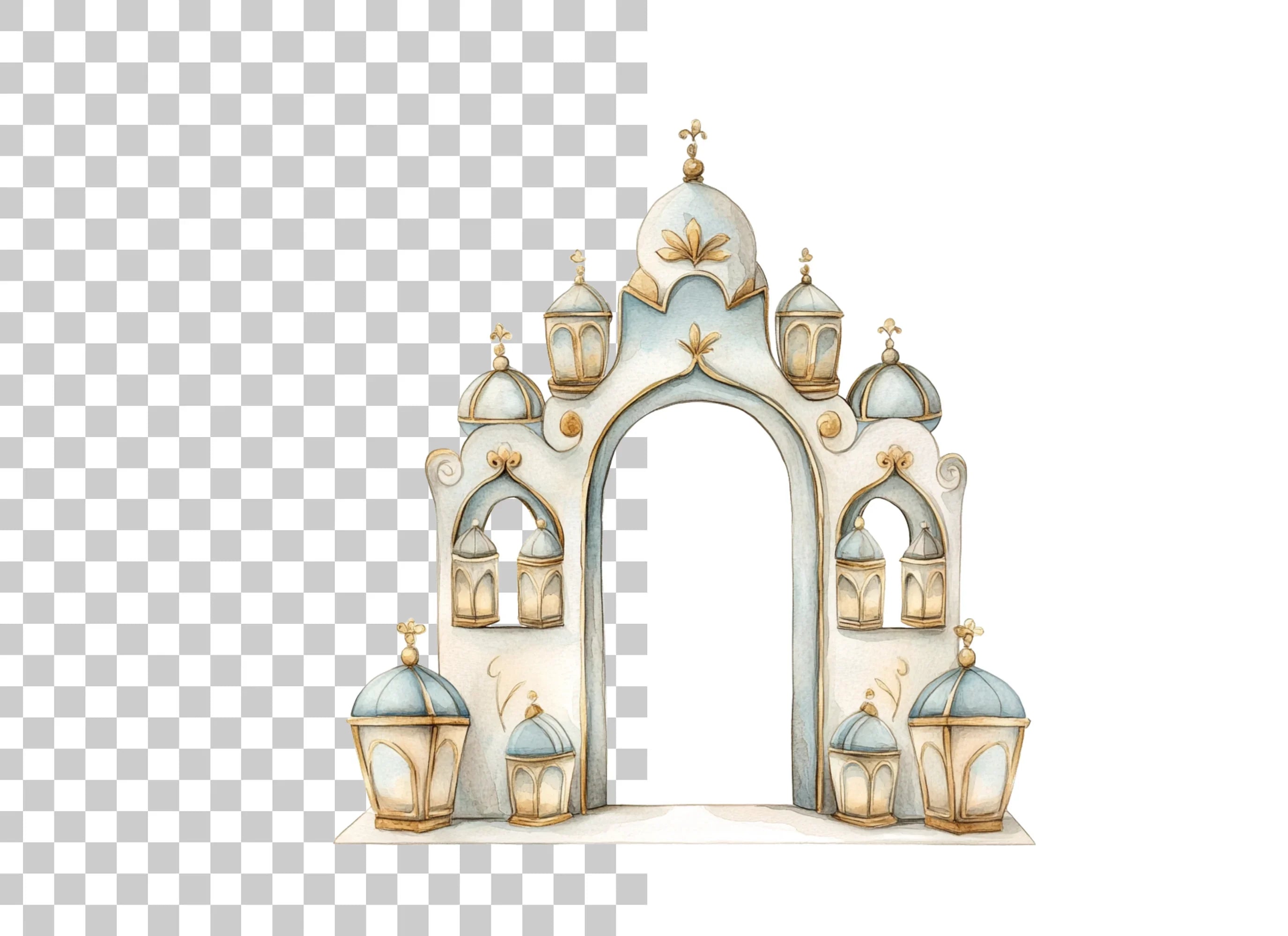 Ornate Islamic Arch with Lanterns Clipart Bundle