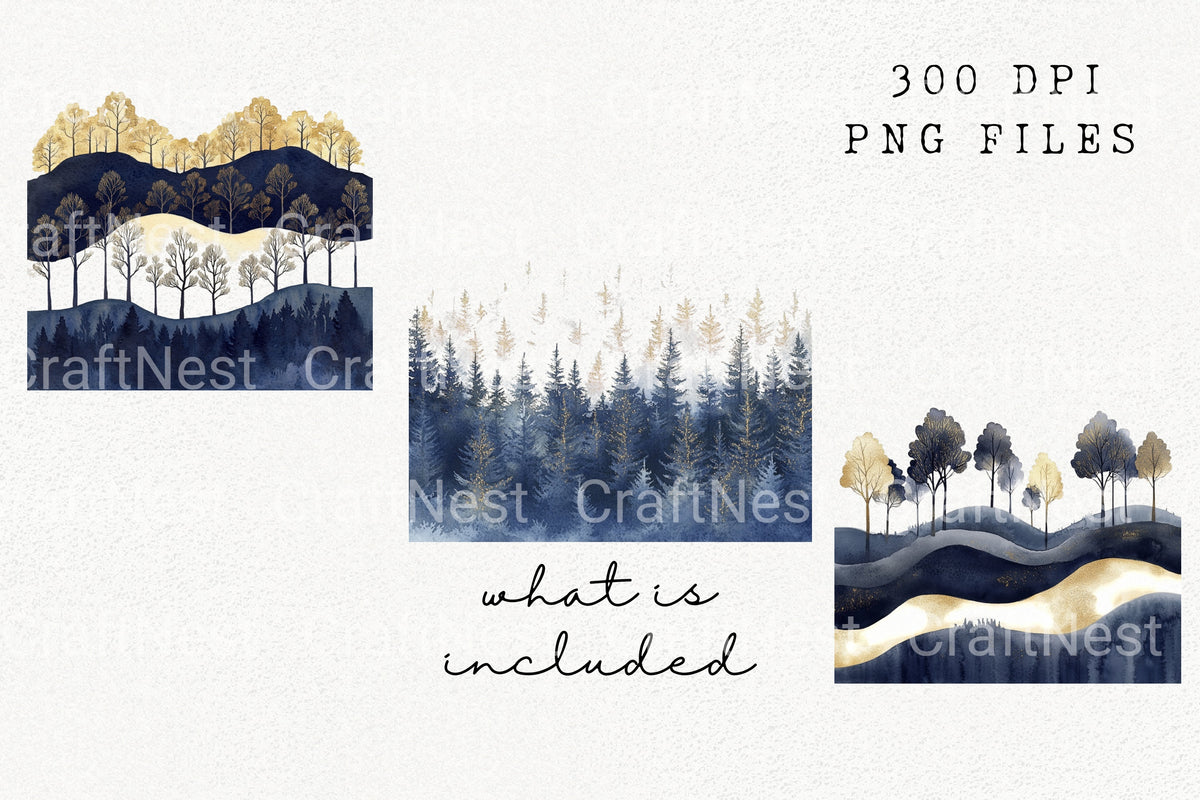 Indigo Gold Misty Forest Clipart Bundle