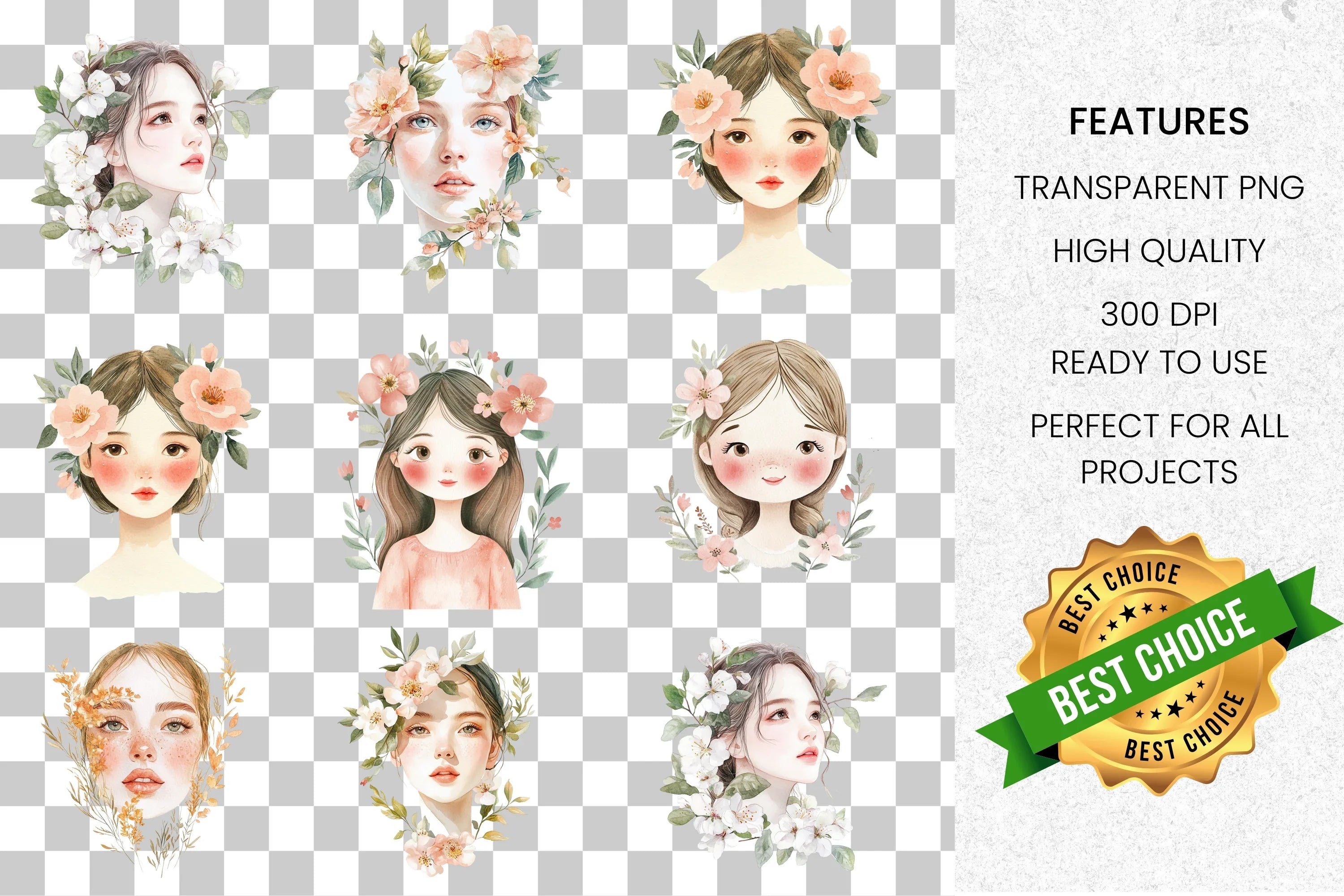 Floral Women Portraits Clipart Bundle