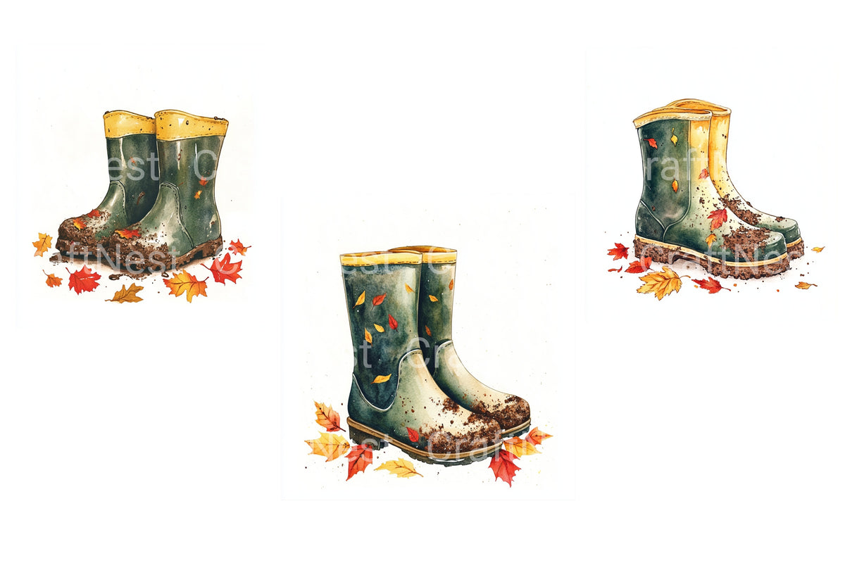 Muddy Autumn Rain Boots Clipart Bundle