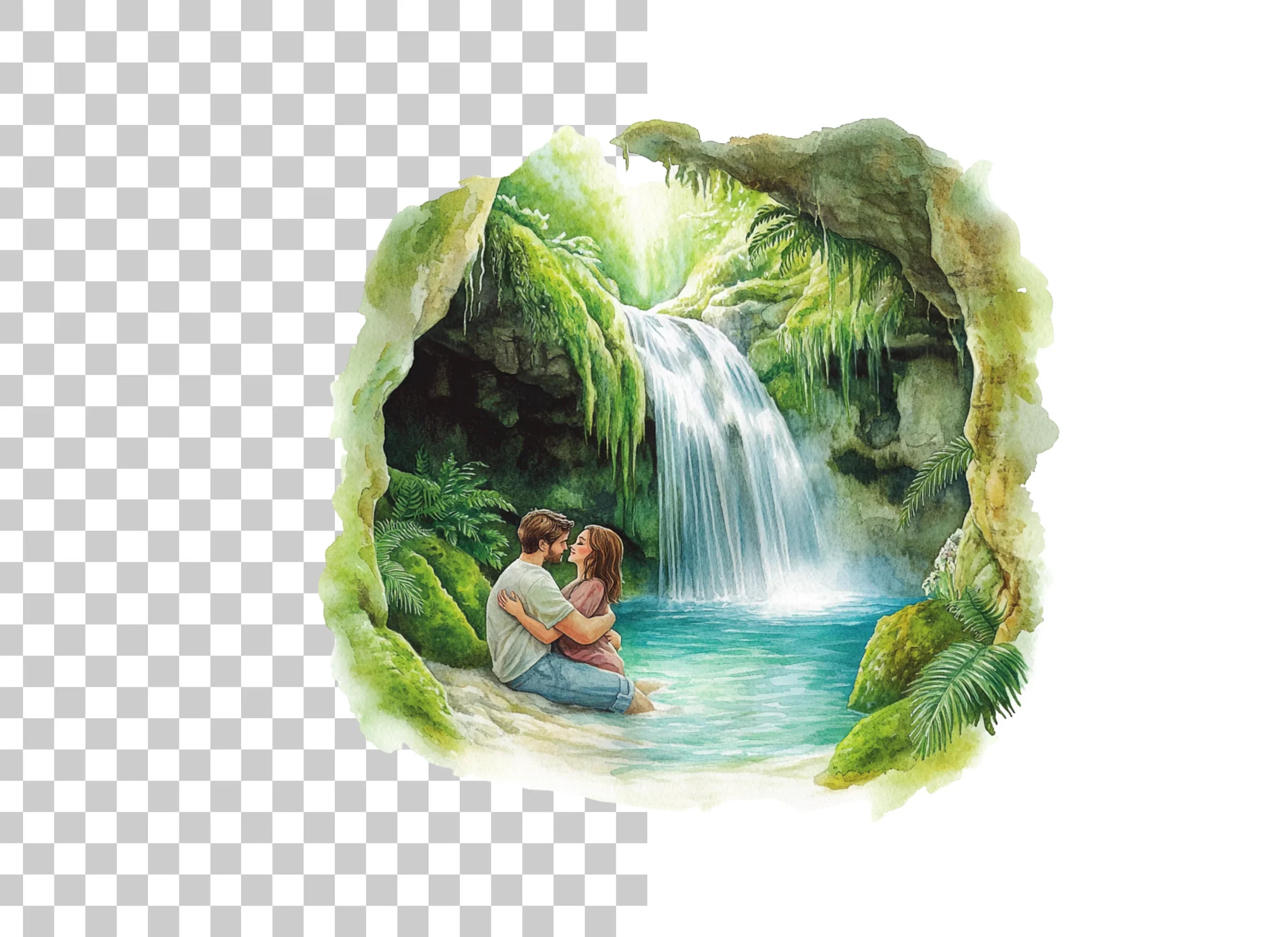 Romantic Couple Jungle Waterfall Clipart Bundle