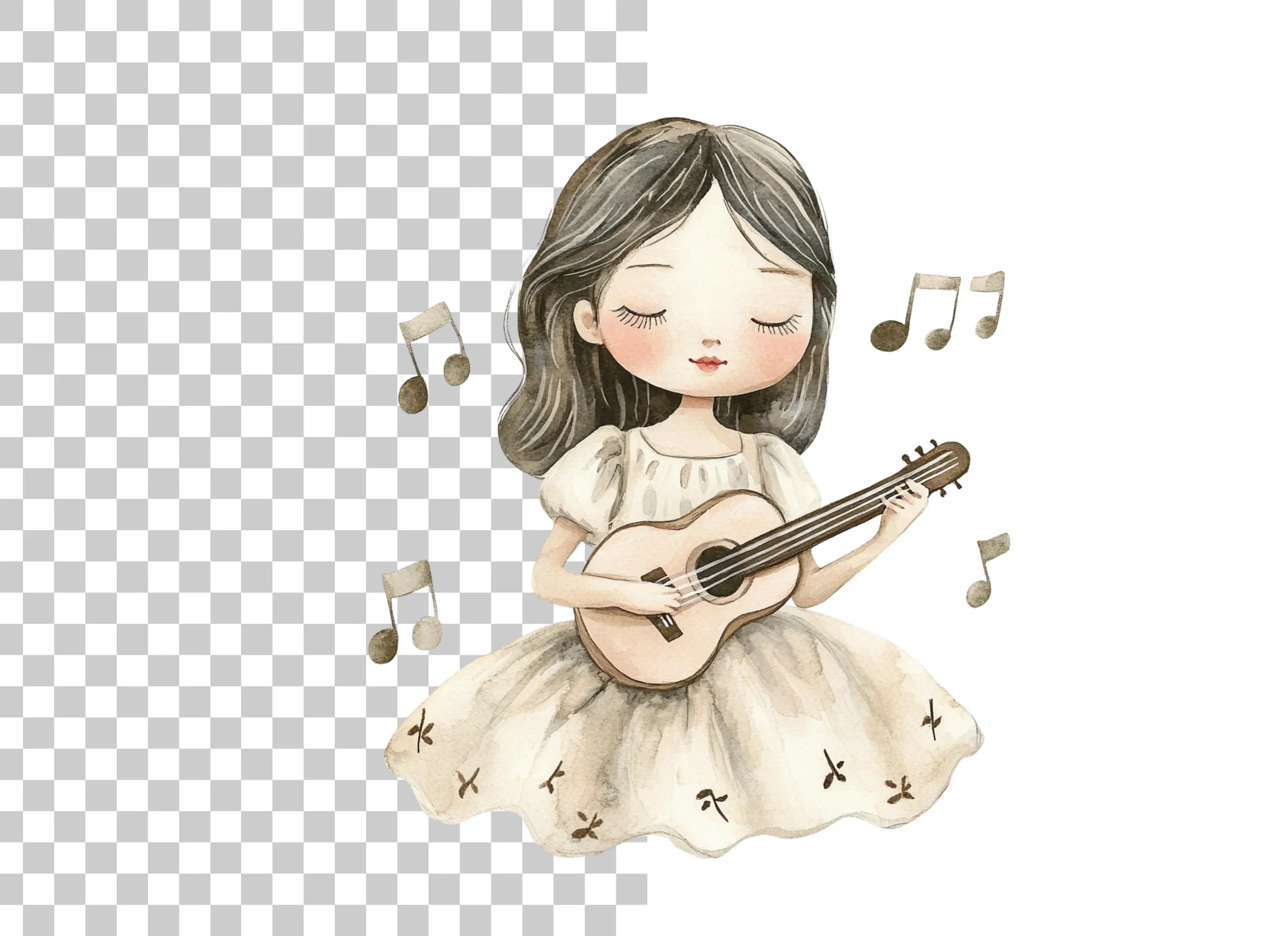 Girl Playing Ukulele with Music Notes Clipart Bundle