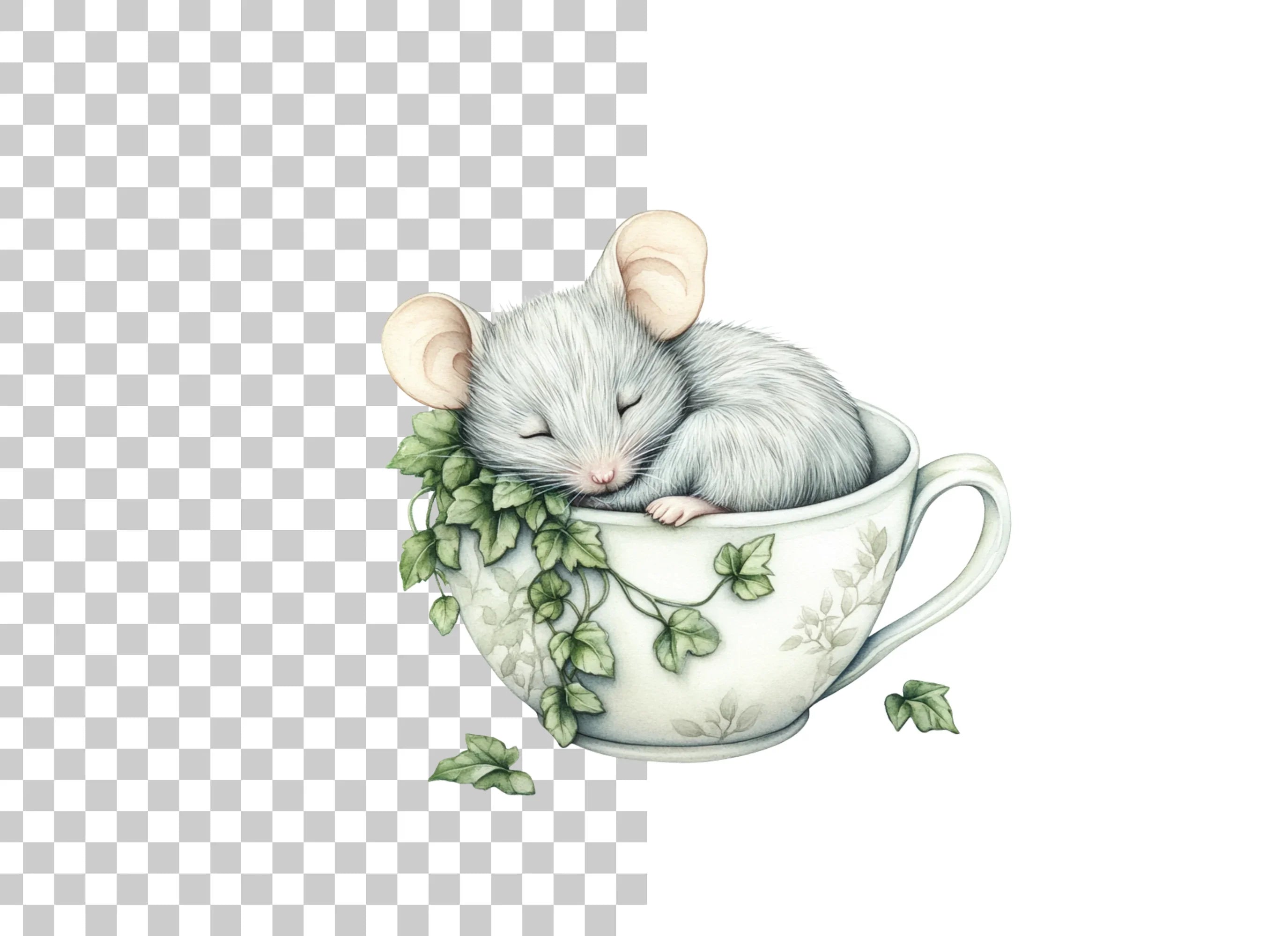 Sleeping Mouse in Teacup Clipart Bundle