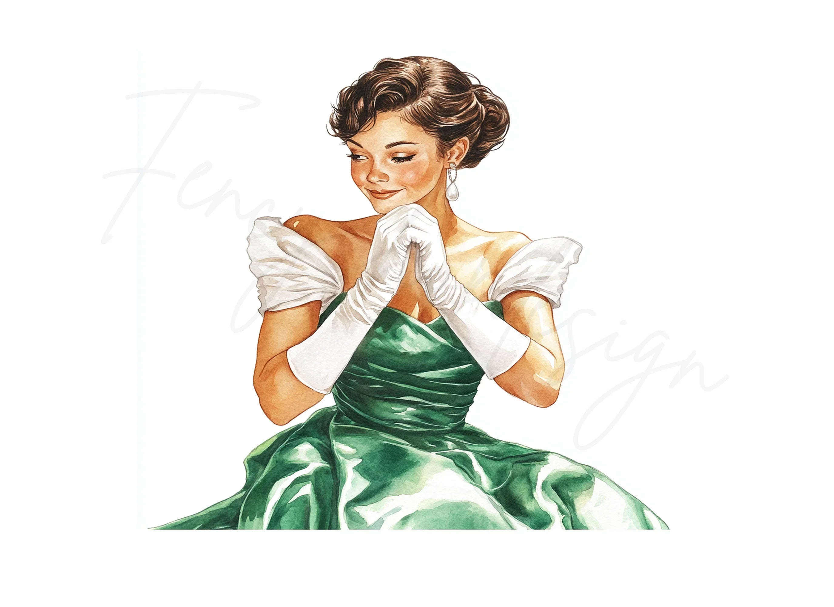 Elegant Woman in Green Dress Clipart Bundle