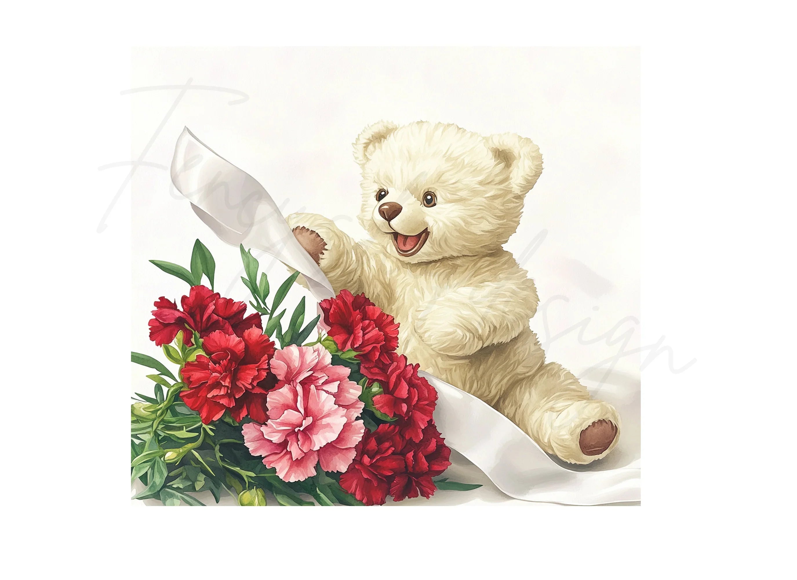 Cute Teddy Bears with Carnation Bouquets Clipart Bundle