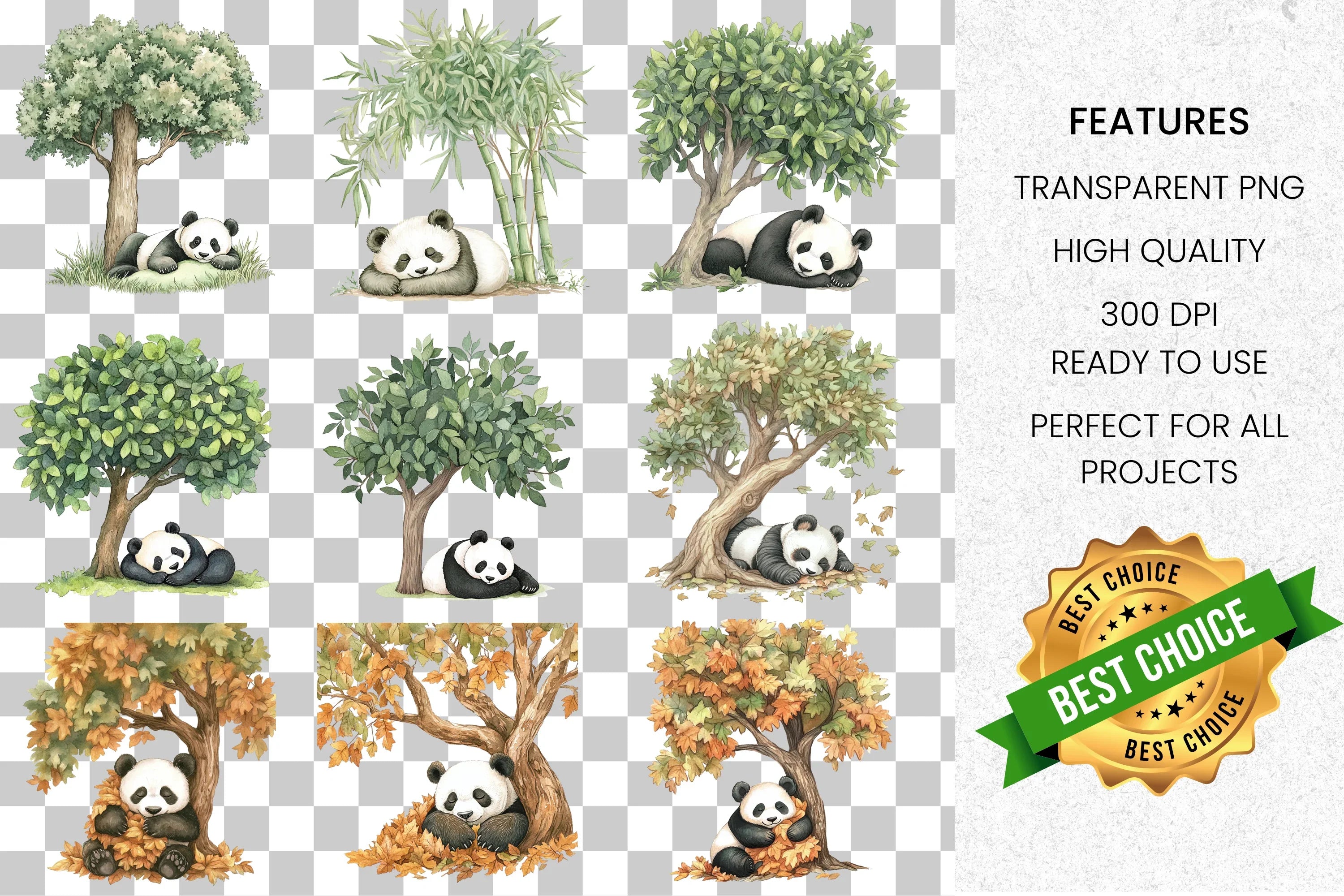 Cute Pandas Under Autumn Trees Clipart Bundle