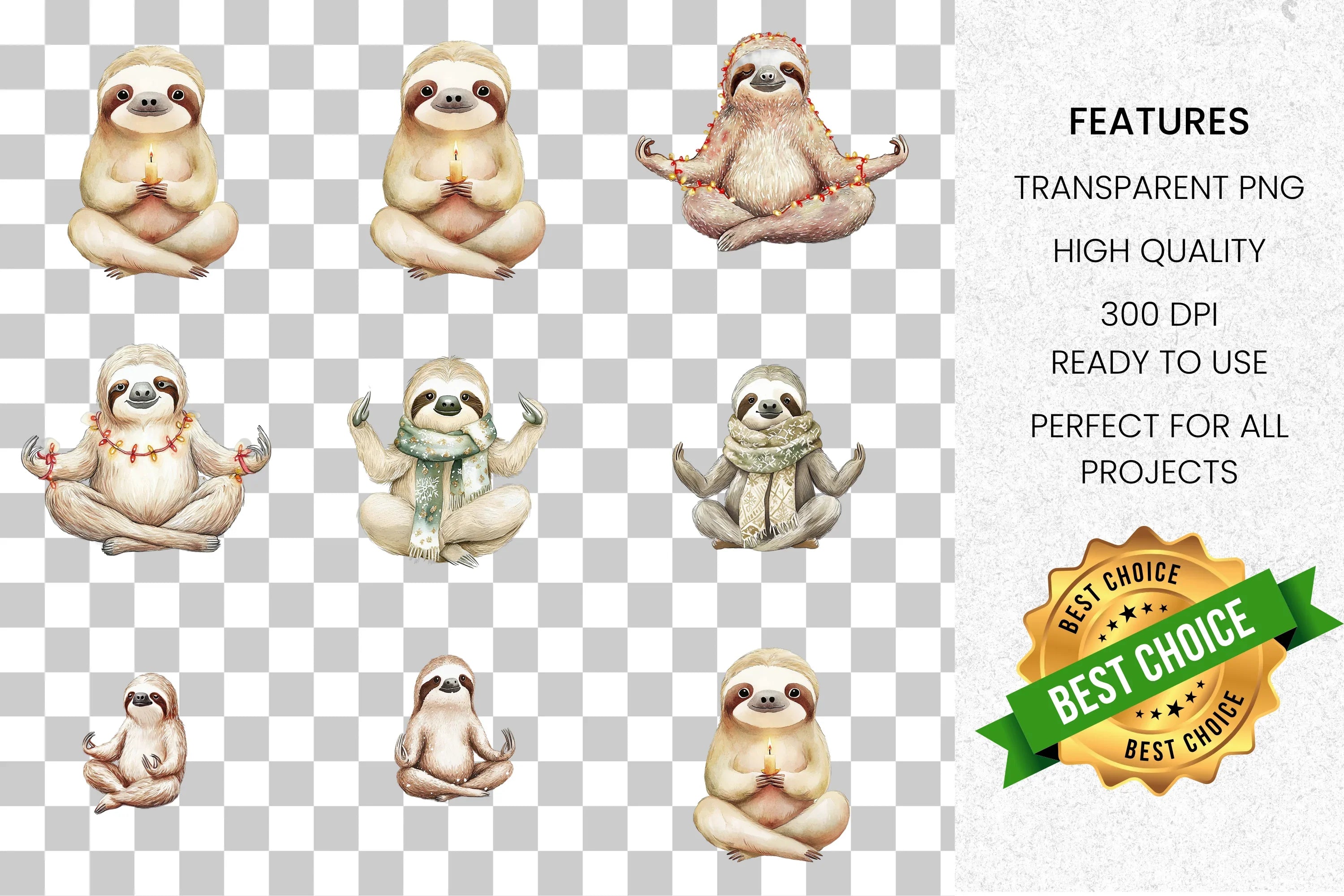 Meditating Christmas Sloths Clipart Bundle