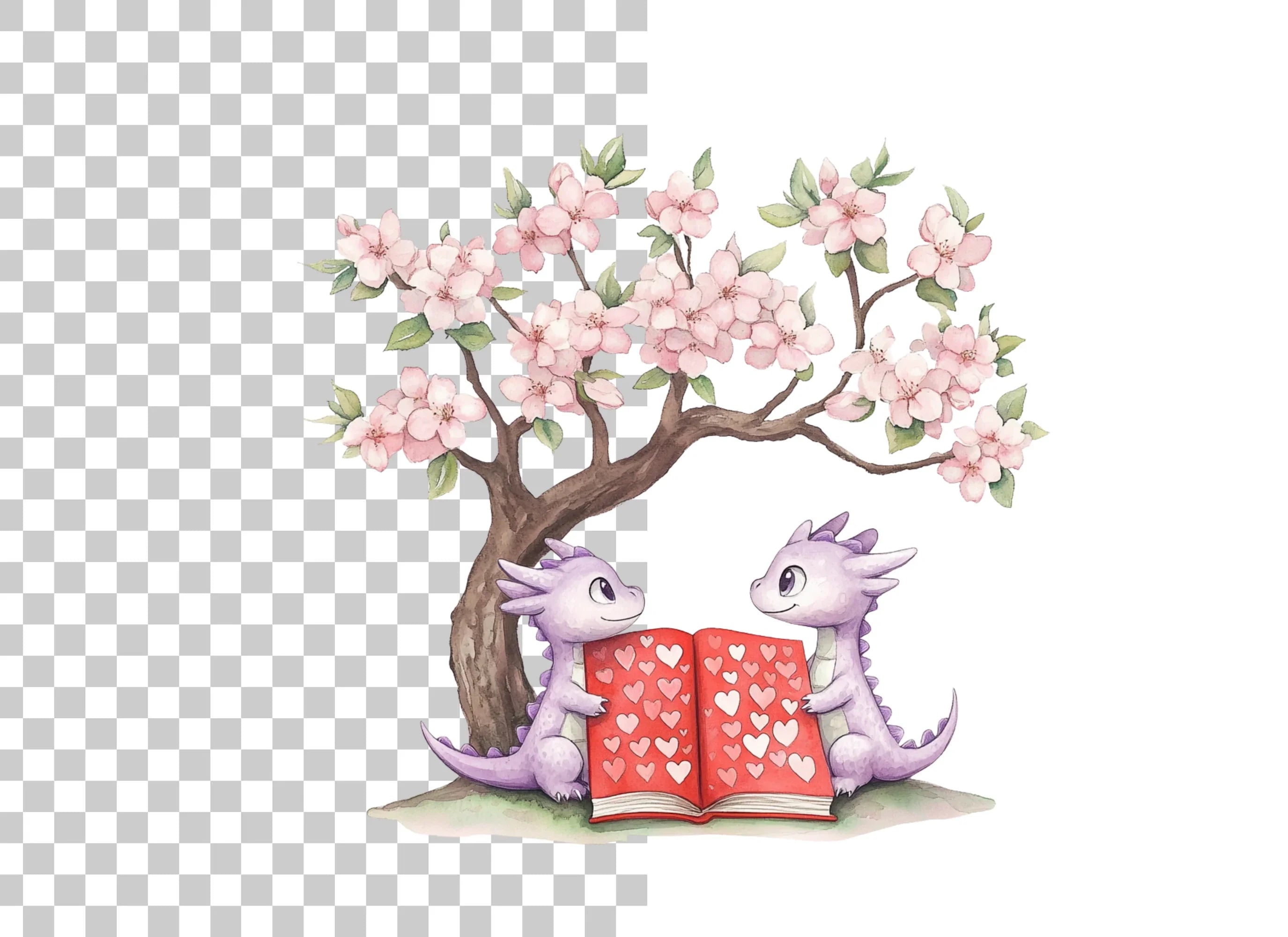 Cute Dragons Reading Under Cherry Tree Clipart Bundle