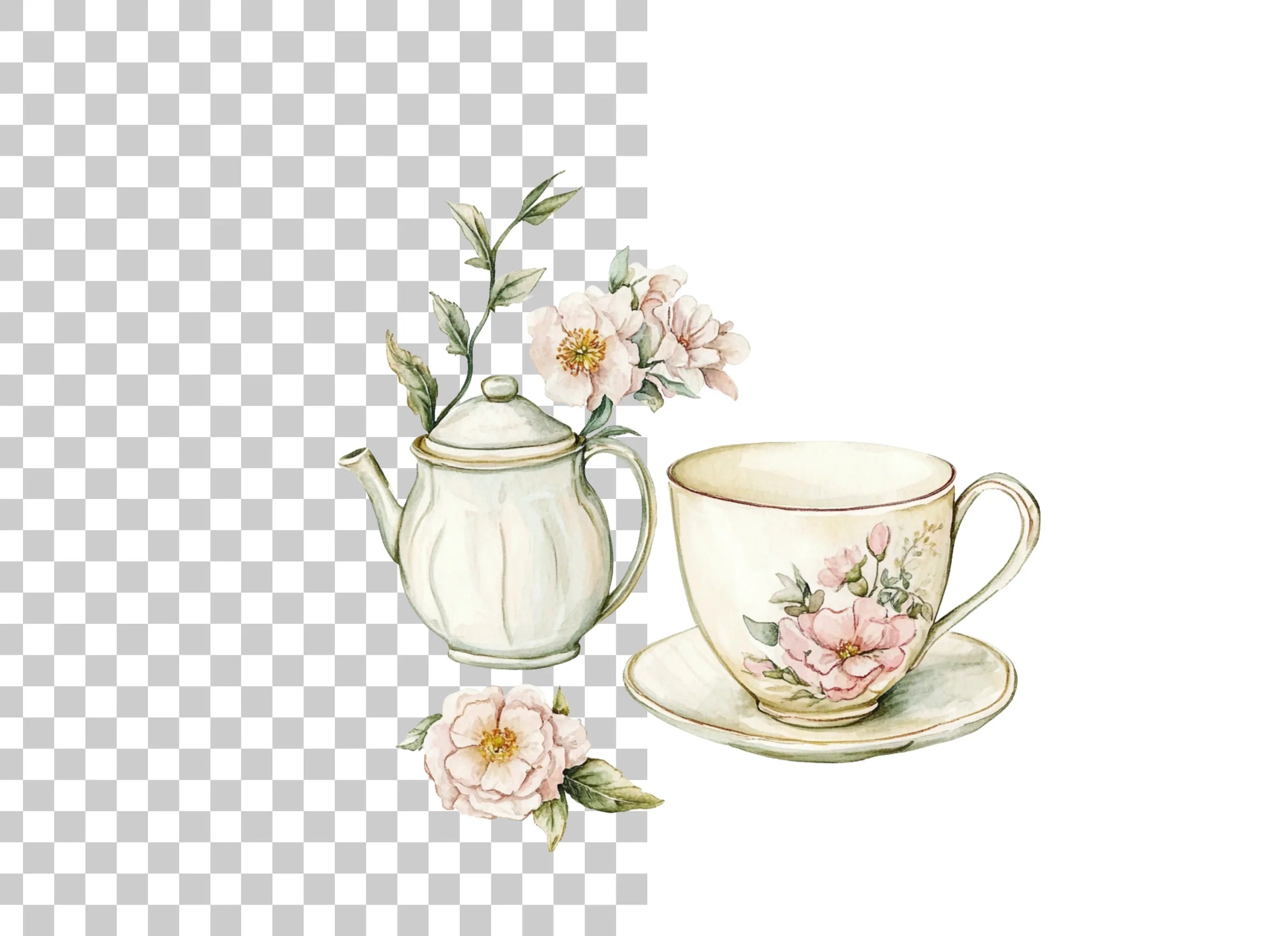 Elegant Floral Teapot and Cups Clipart Bundle