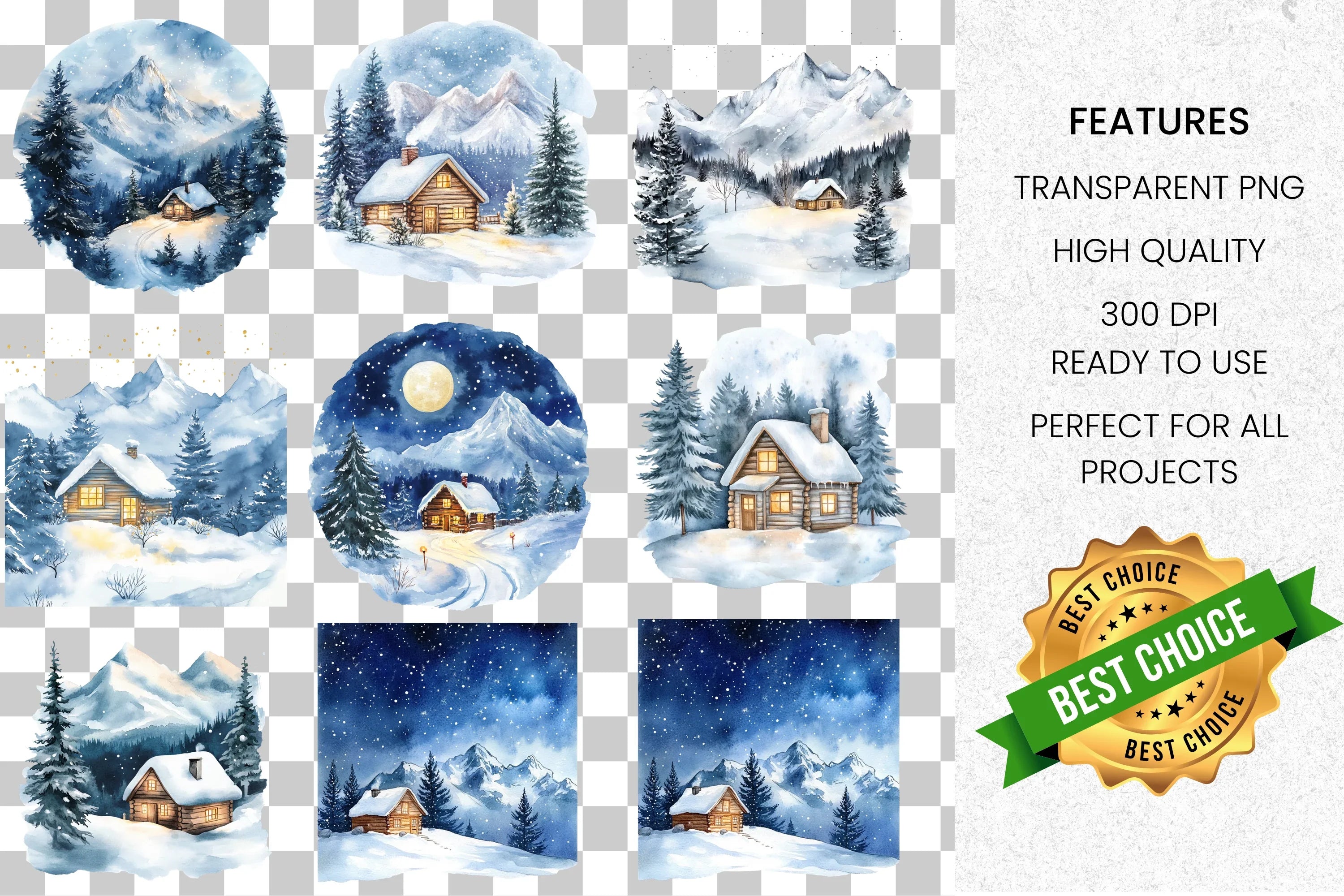 Winter Cabin Clipart Bundle