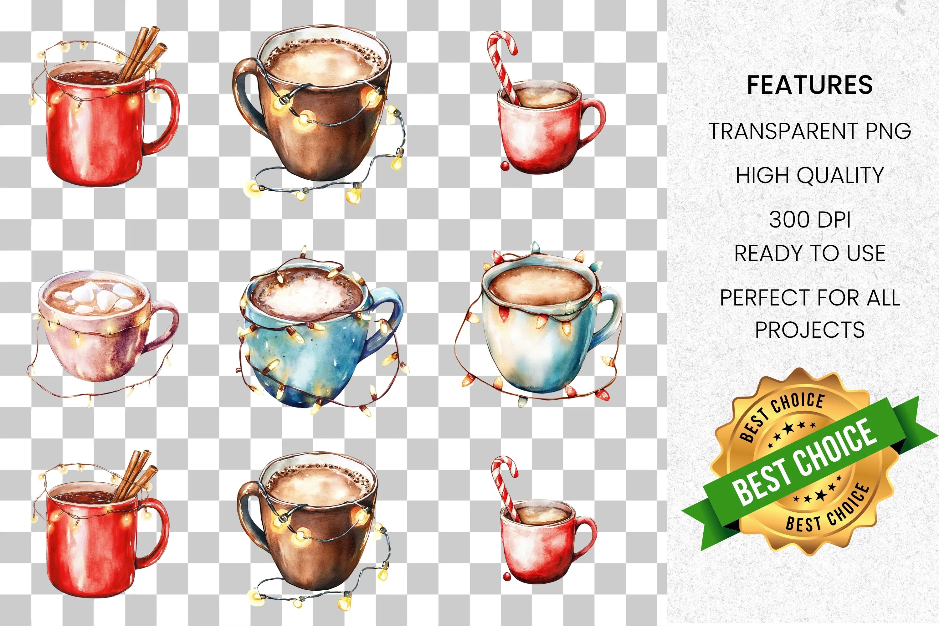 Hot Chocolate Mugs with Lights Clipart Bundle