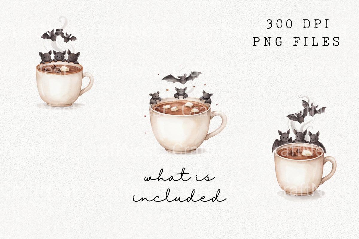 Bats Hot Chocolate Illustrations Clipart Bundle