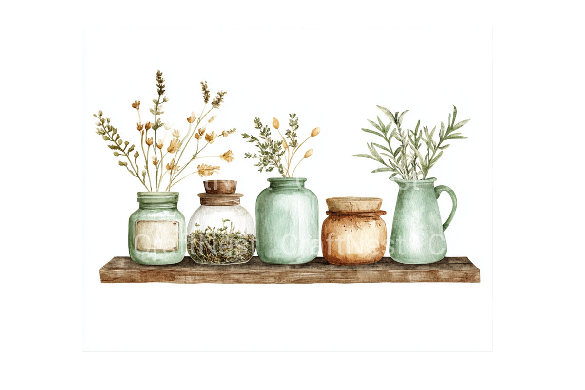 Herbal Jars Shelves Clipart Bundle