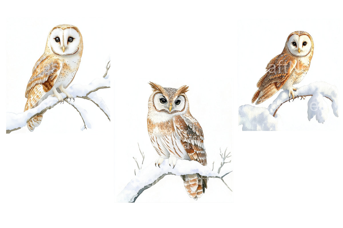 Winter Owls On Snowy Branches Clipart Bundle