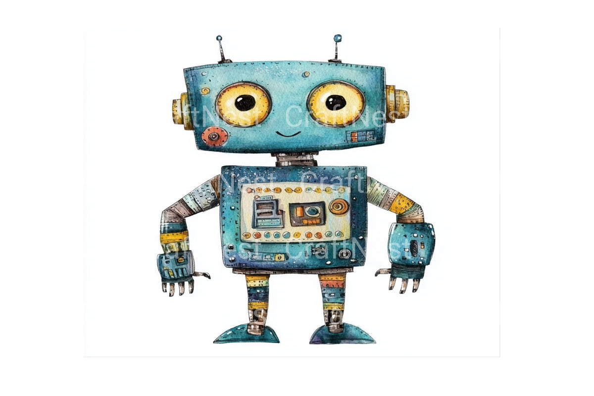 Adorable Retro Robot Characters Clipart Bundle