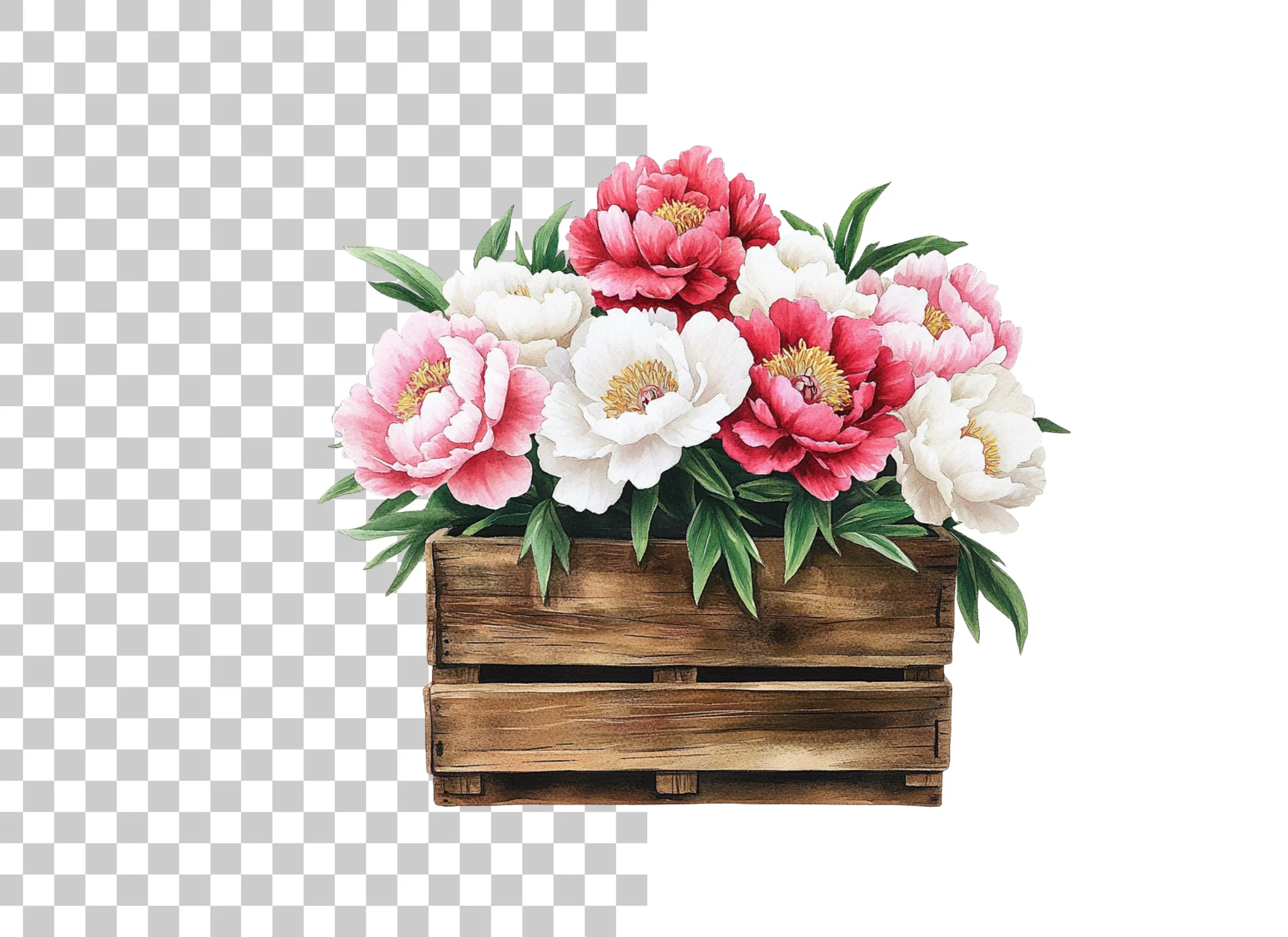 Peony Bouquets in Rustic Wooden Crates Clipart Bundle