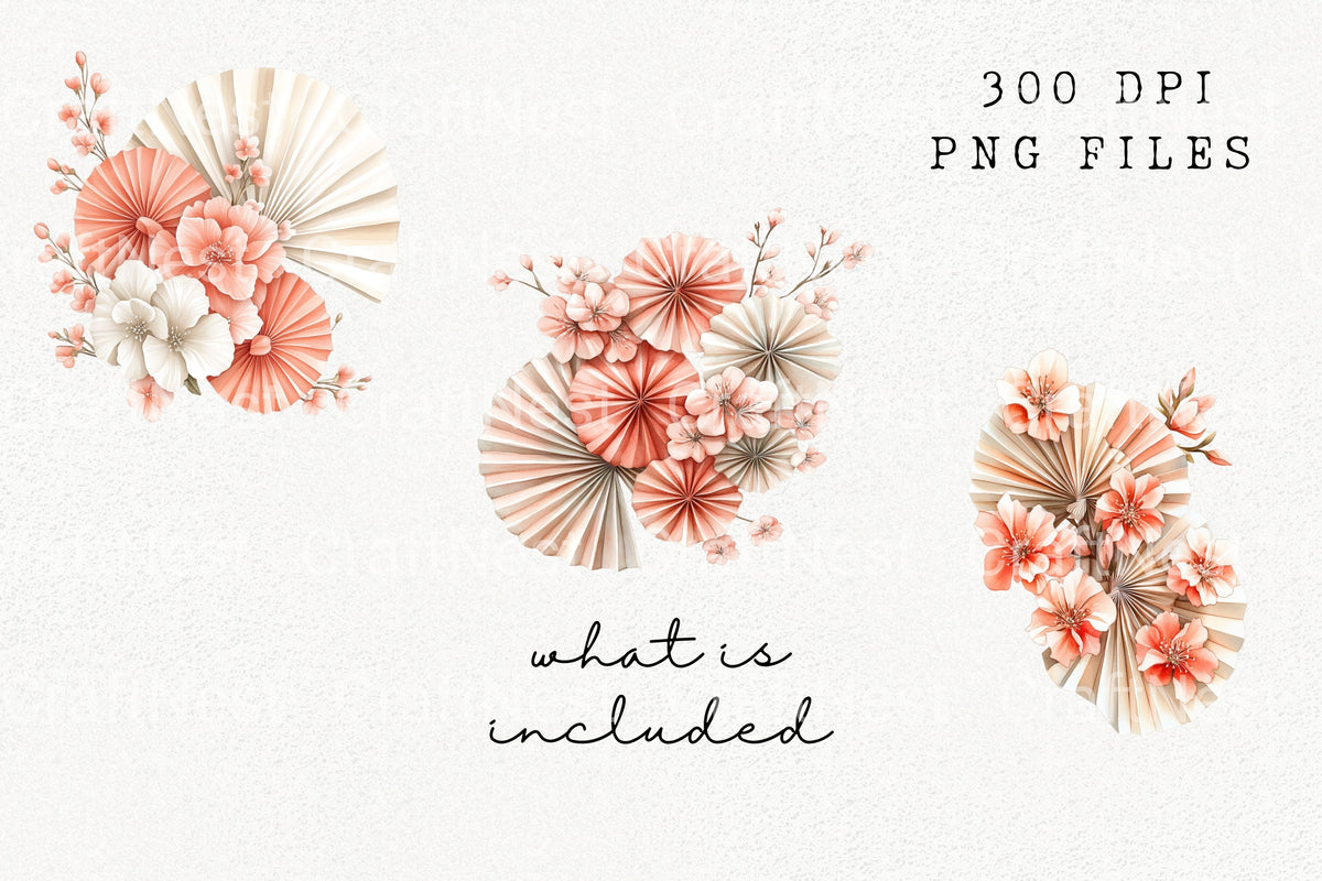 Peach Floral Fan Clipart Bundle