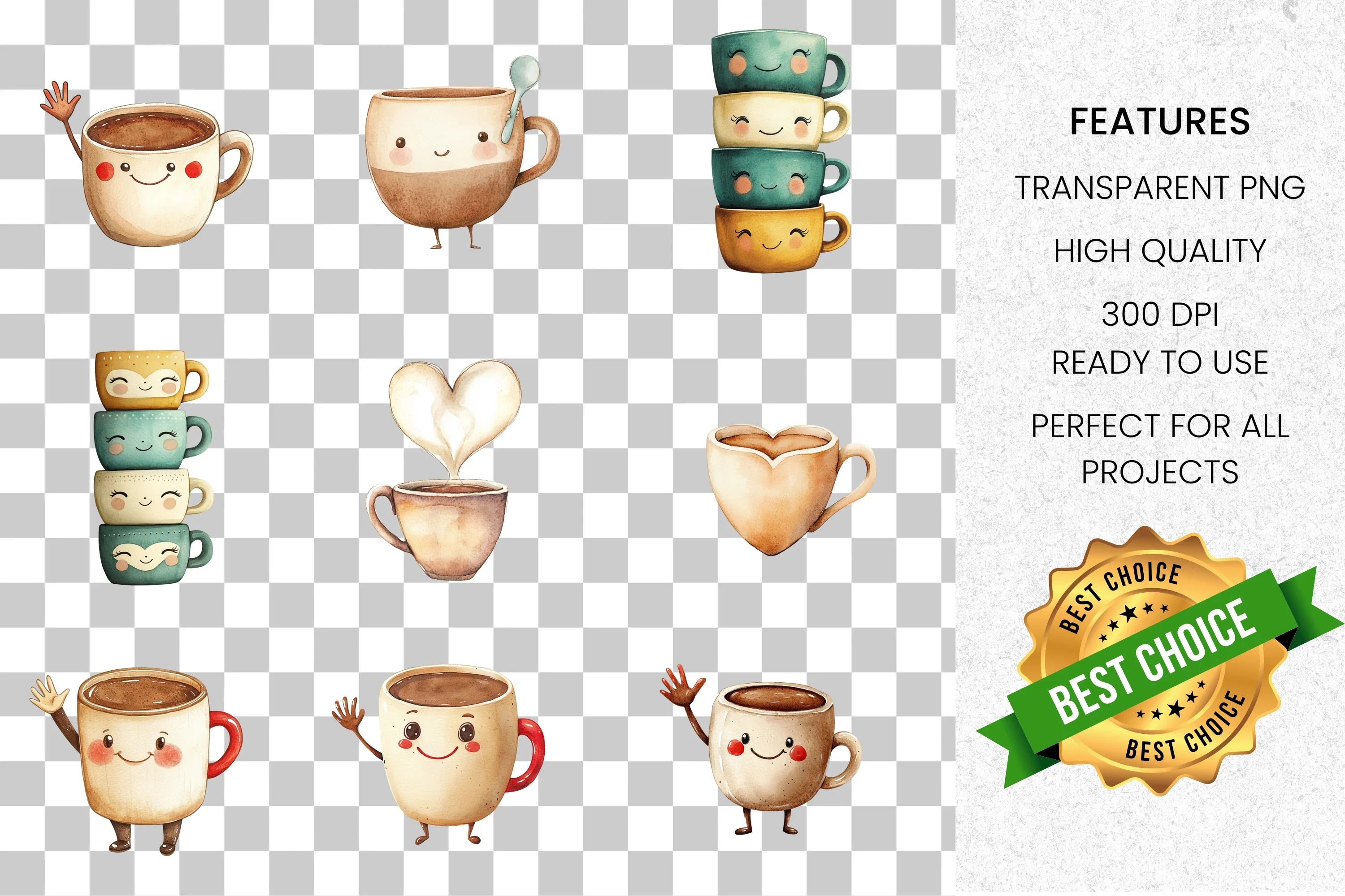 Cute Coffee Mugs Clipart Bundle
