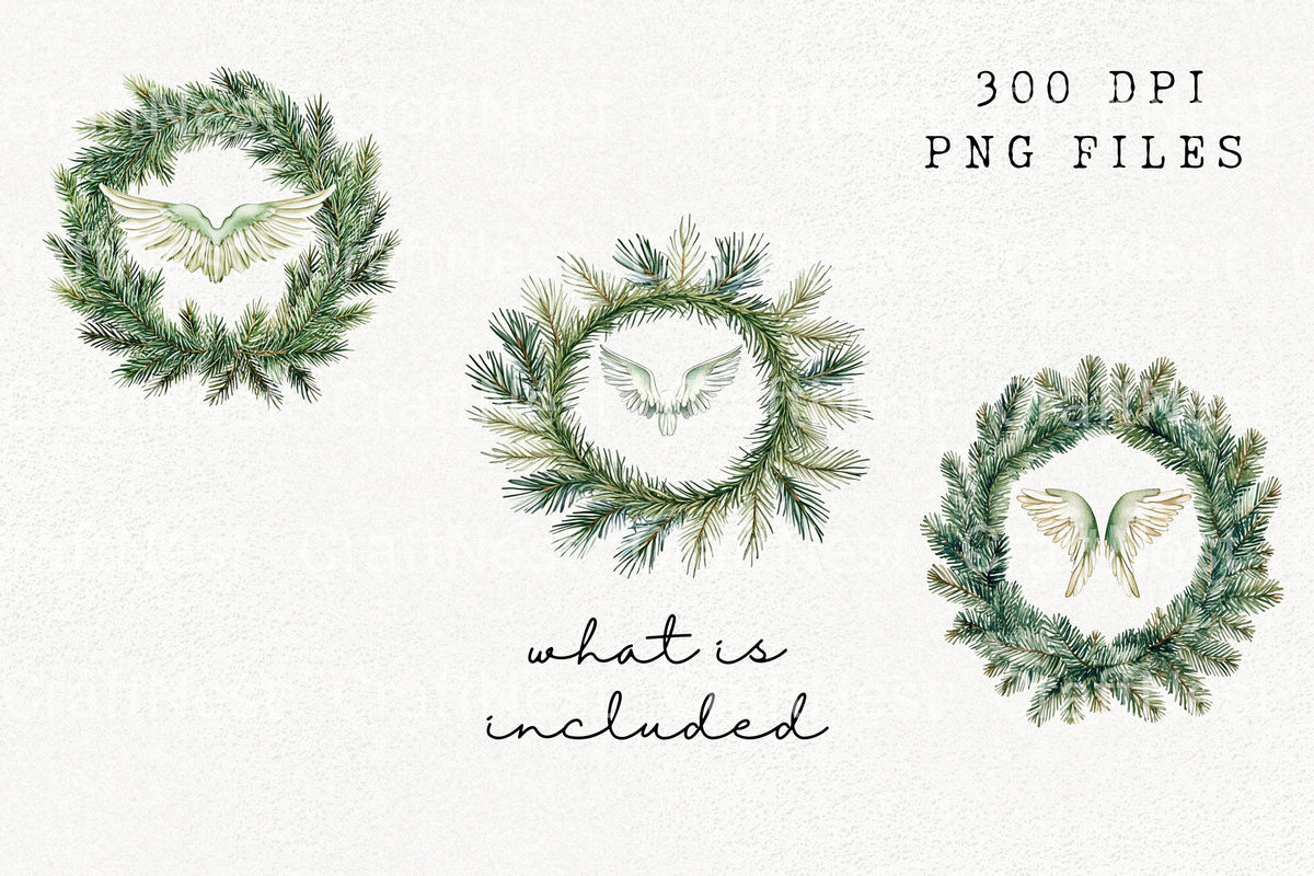 Pine Wreath With Angel Wings Clipart Bundle