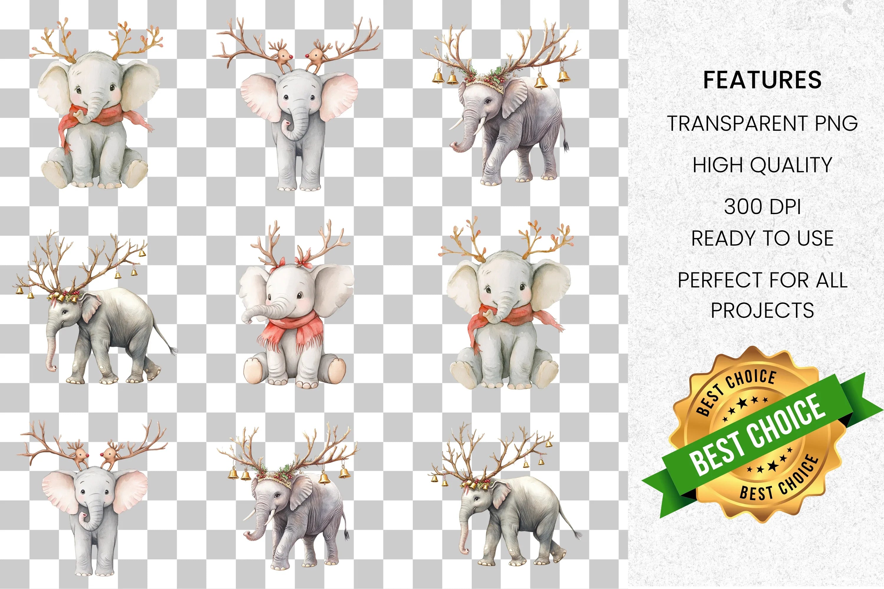 Cute Christmas Elephant Clipart Bundle