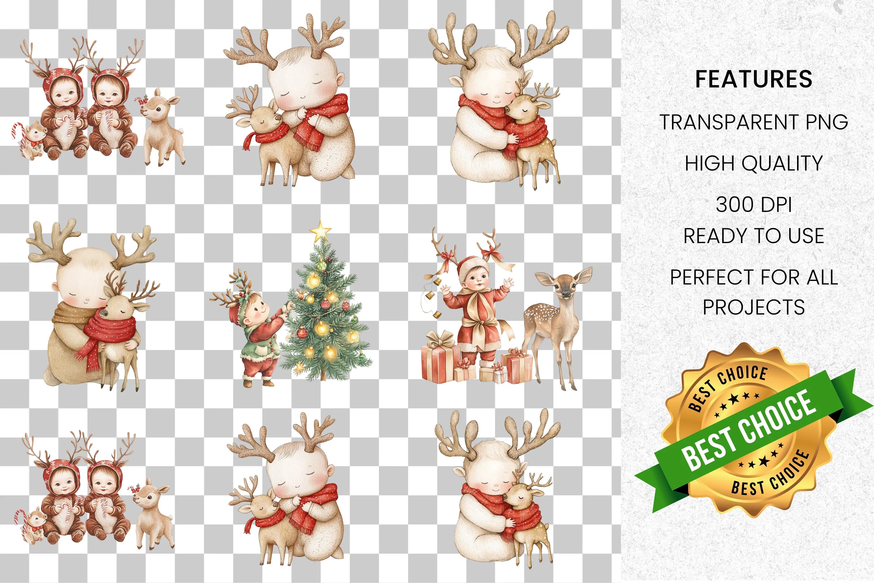 Cute Baby Reindeer Christmas Clipart Bundle