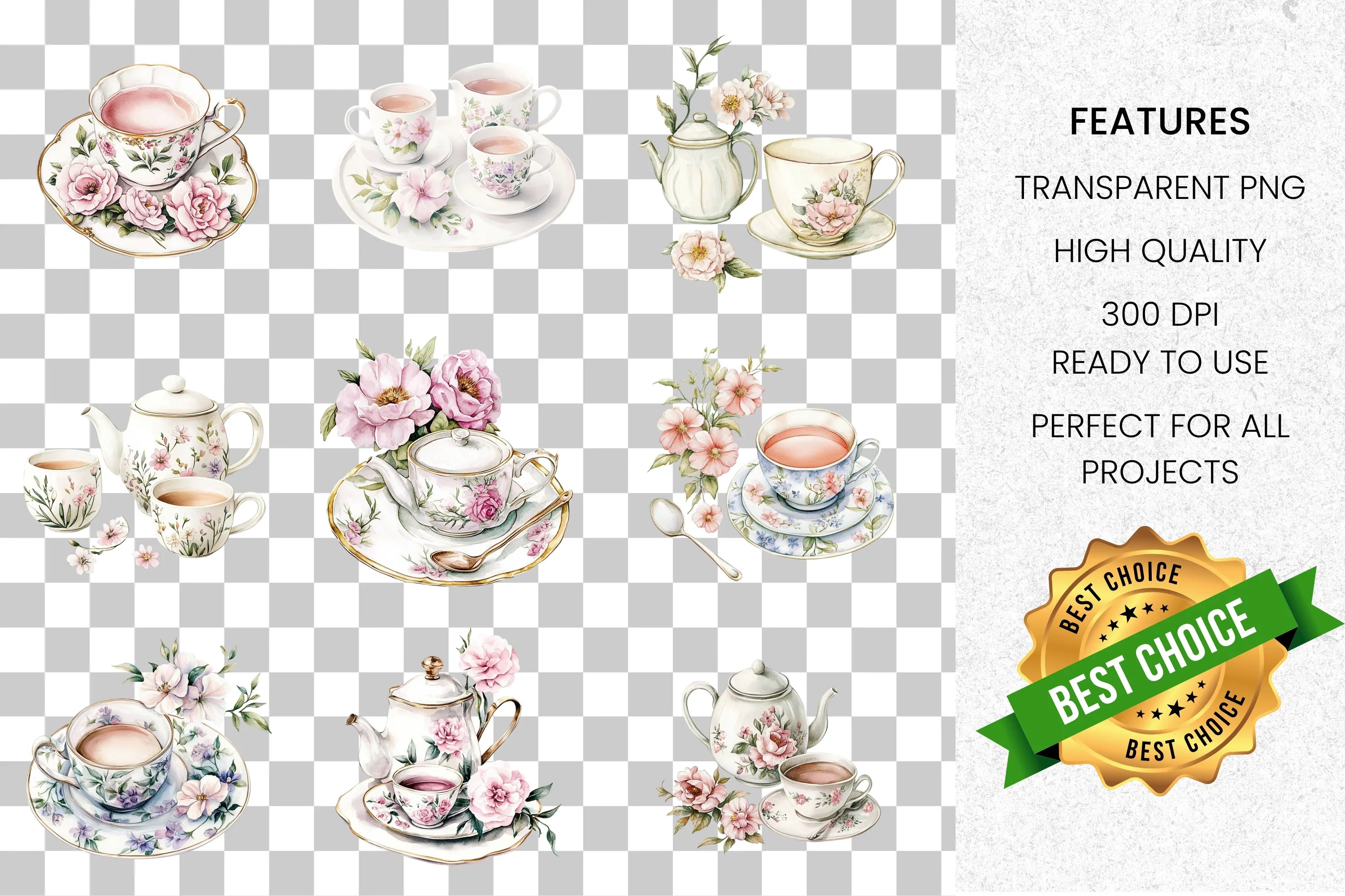 Elegant Floral Teacups & Teapots Clipart Bundle