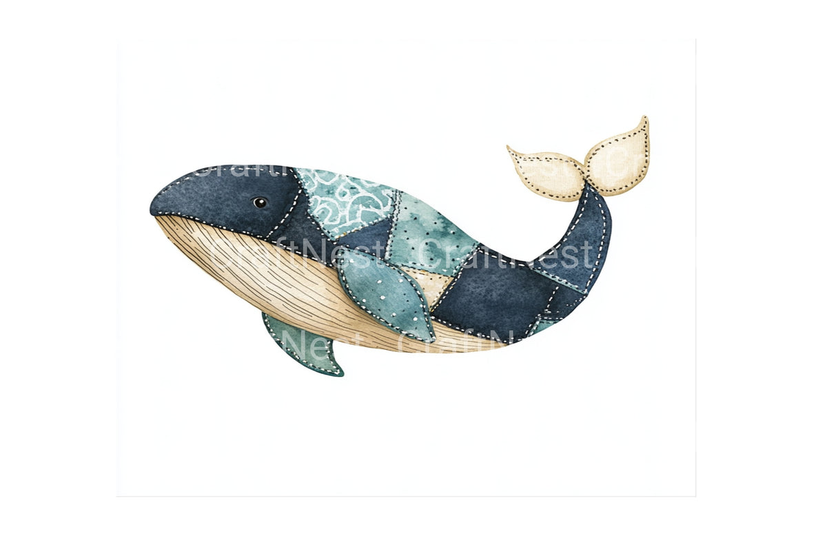 Patchwork Whale Illustrations Clipart Bundle