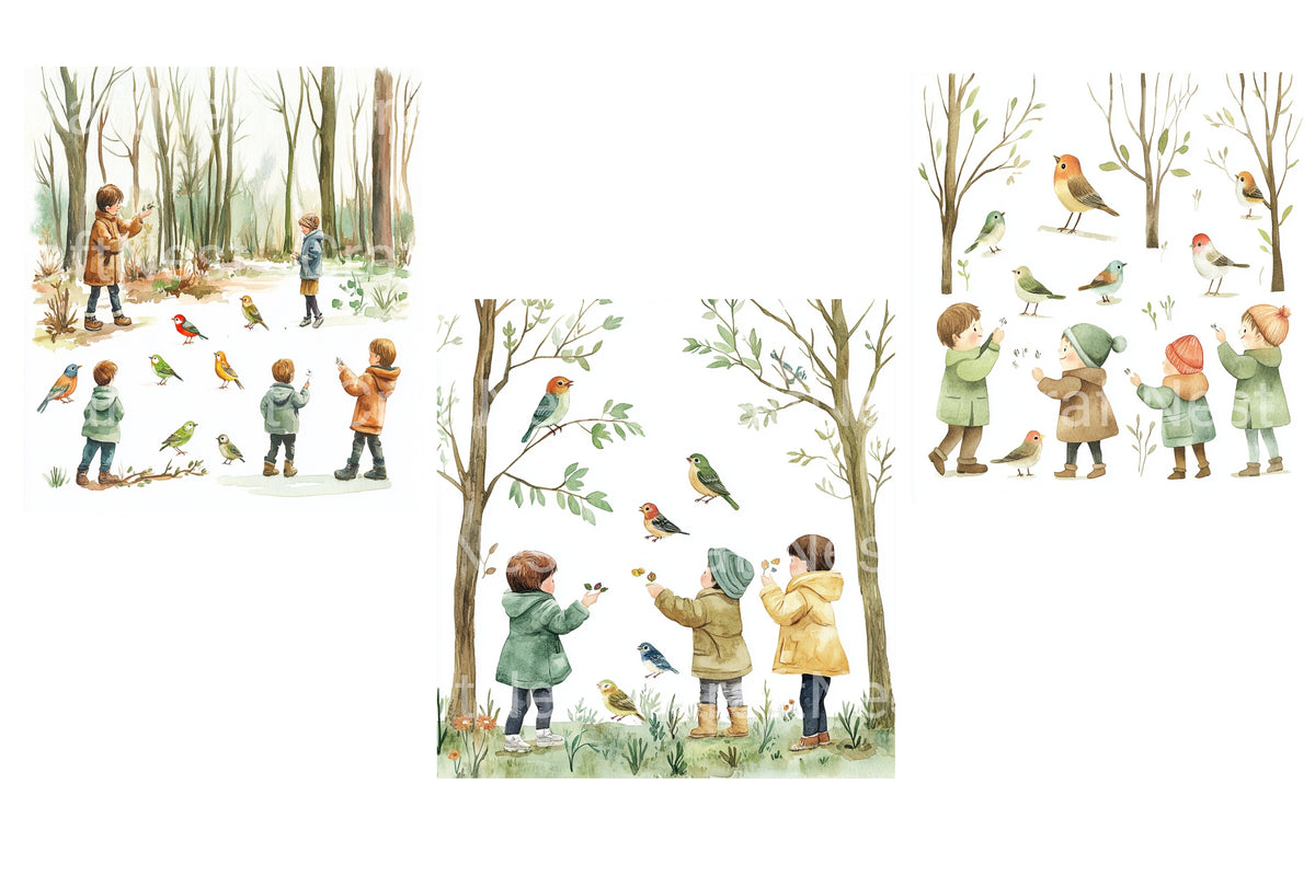 Children And Birds In Forest Clipart Bundle