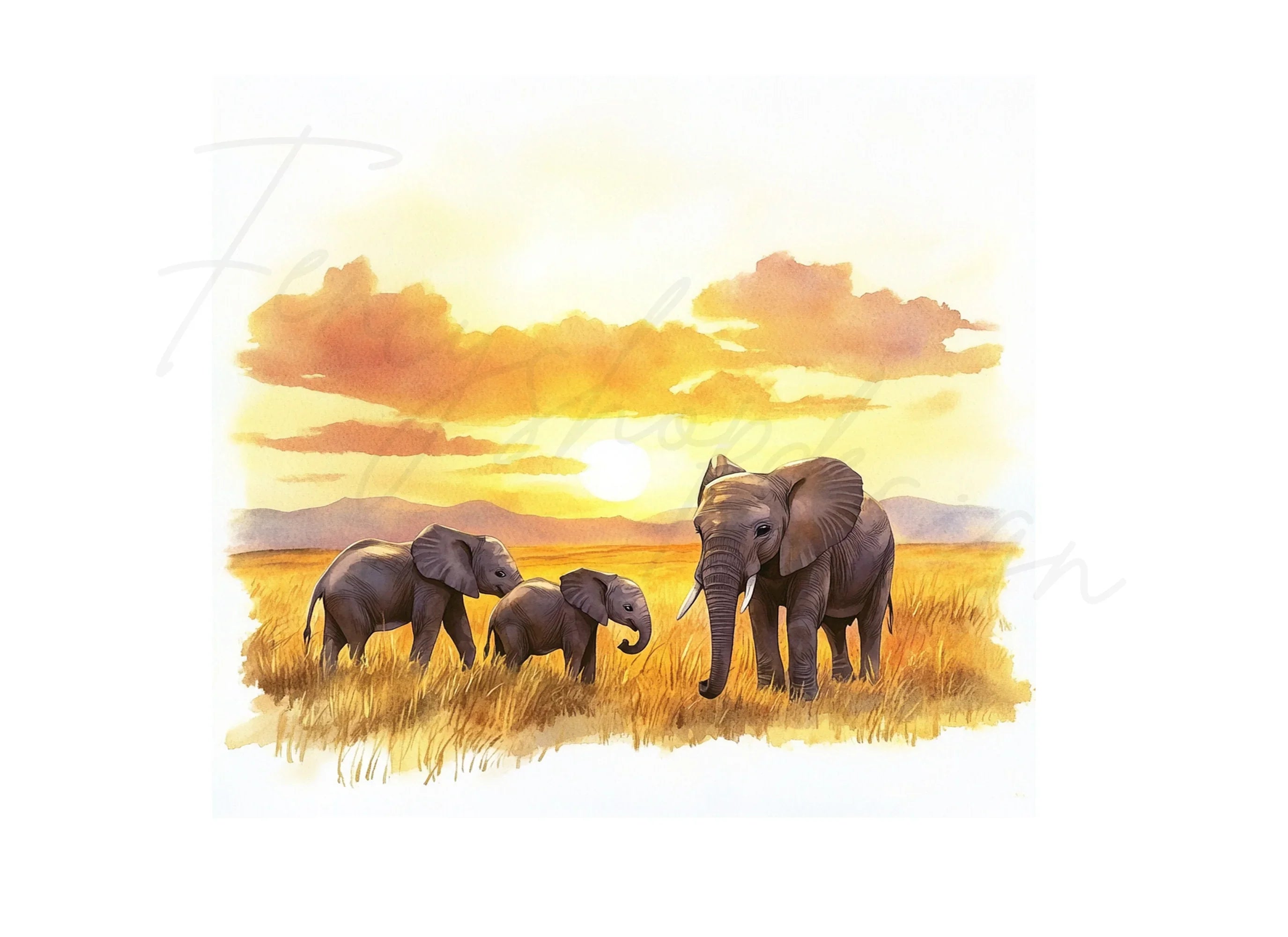 Elephants in Golden Sunset Landscape Clipart Bundle