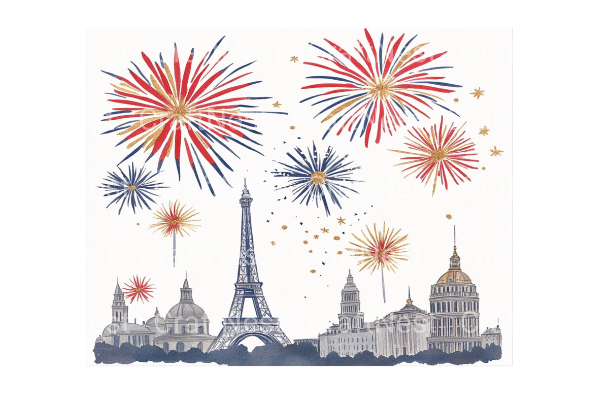 City Skyline Fireworks Celebration Clipart Bundle