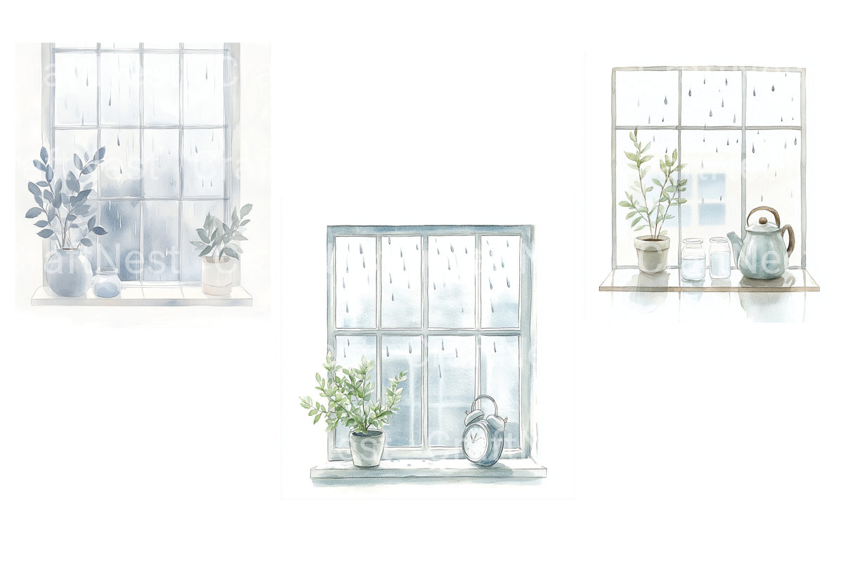 Rainy Day Window Scene Clipart Bundle