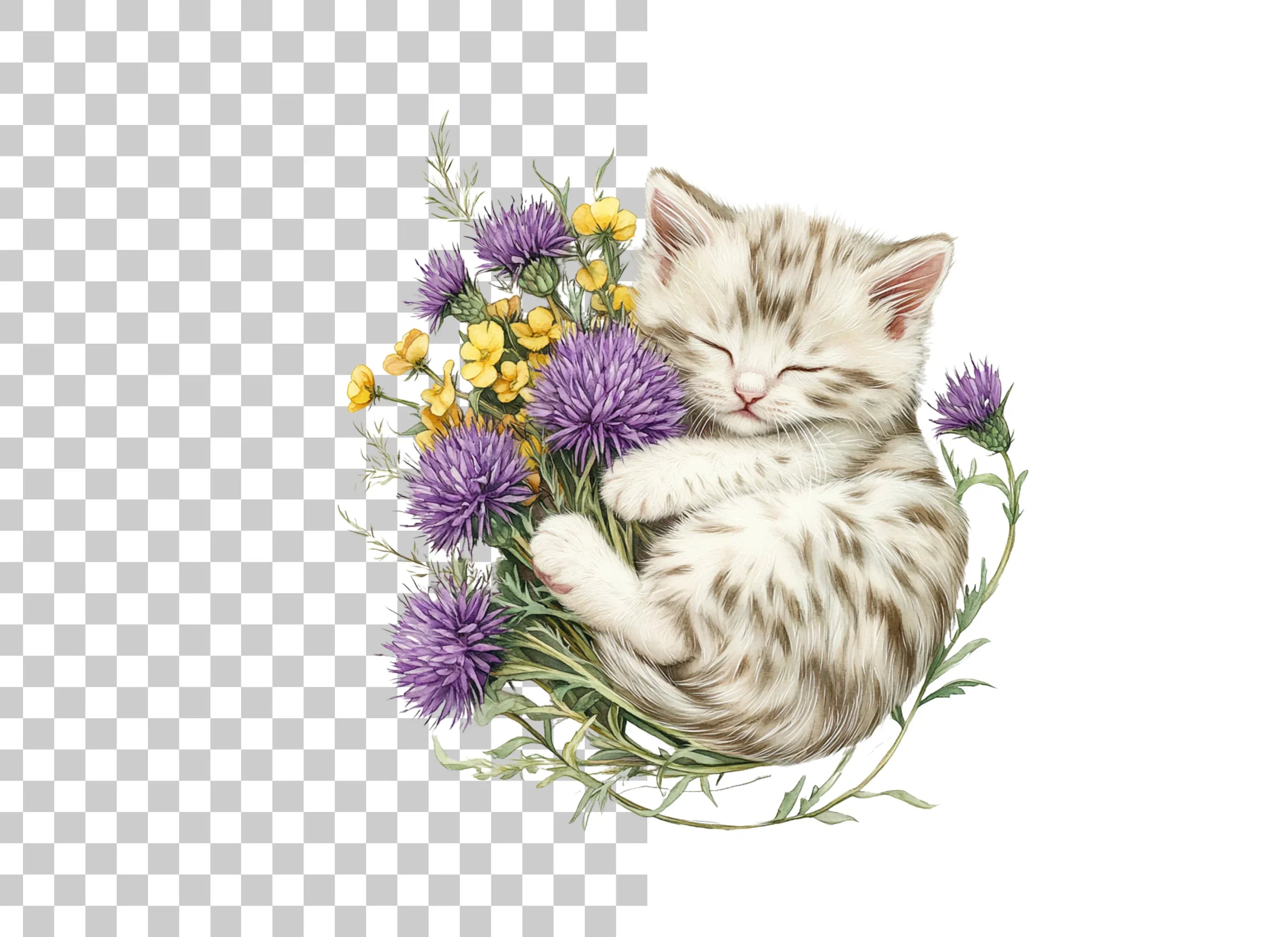 Sleeping Kitten in Wildflower Bouquet Clipart Bundle