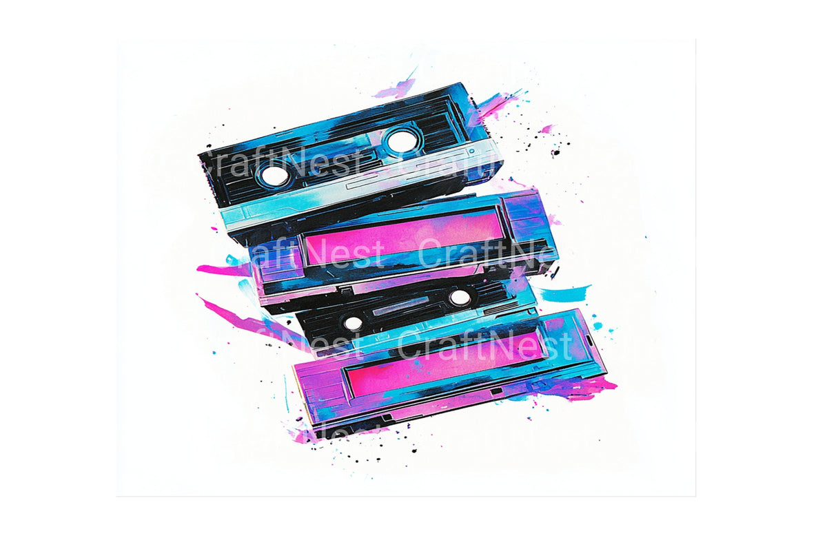 Neon Cassette Tapes Artwork Clipart Bundle
