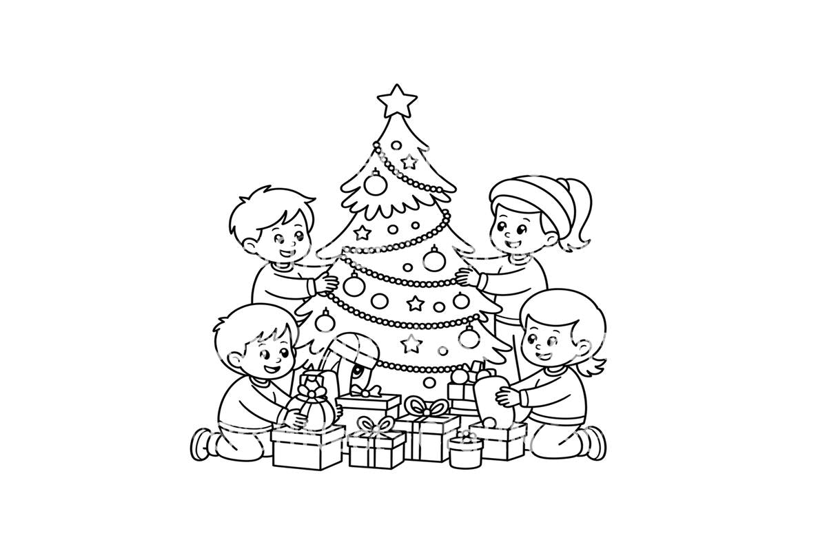 Kids Decorating Christmas Tree Coloring Books
