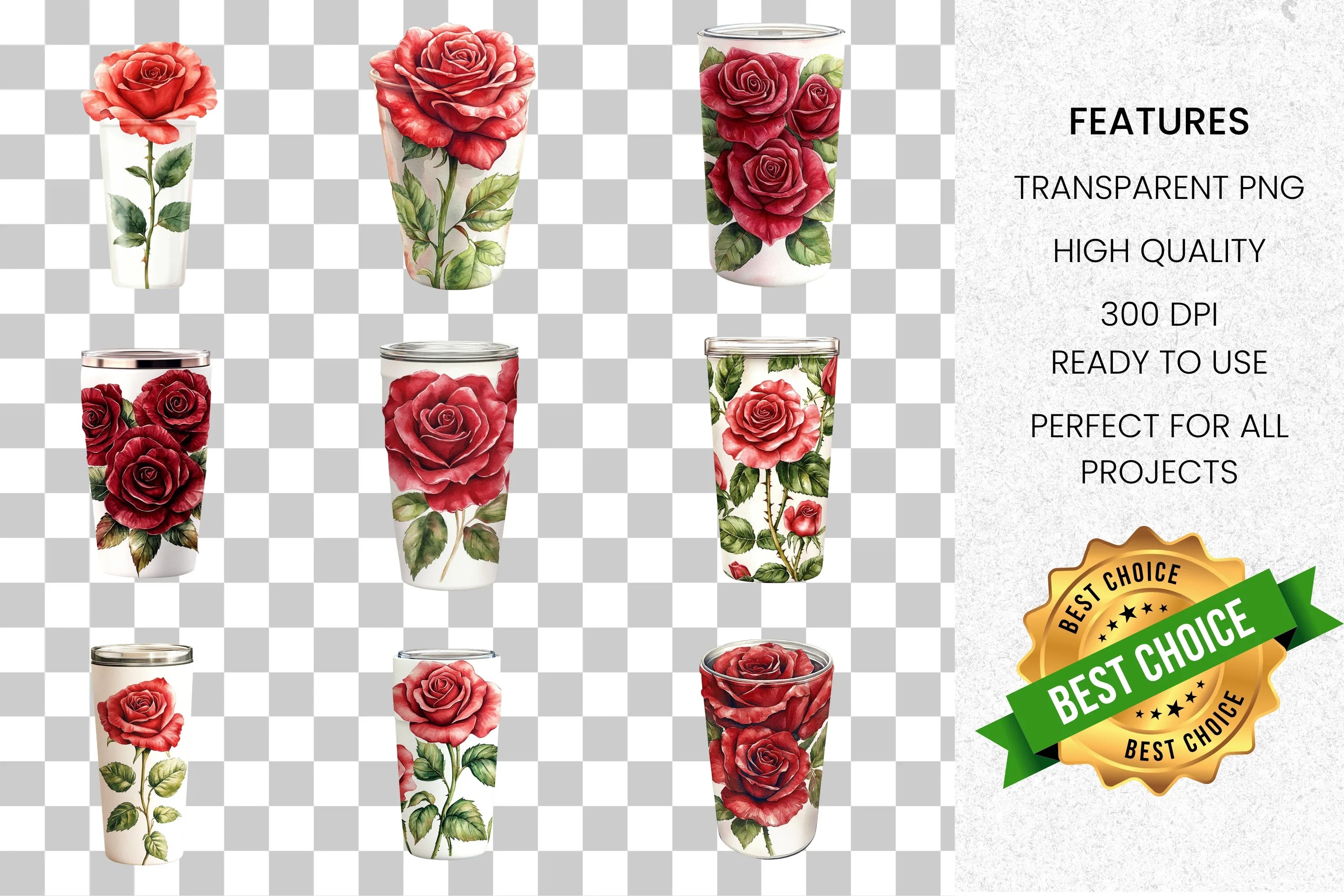 Vibrant Red Rose Tumbler Clipart Bundle