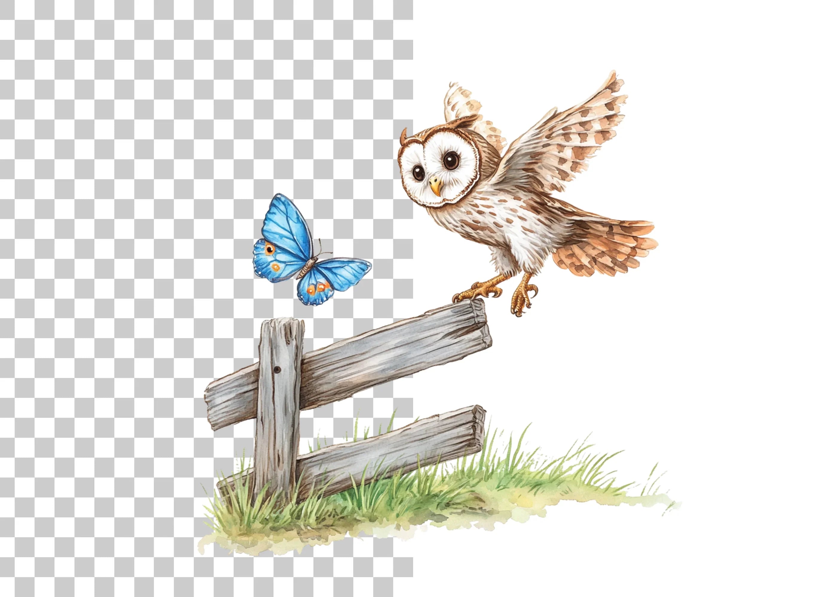 Owl and Butterfly on Fence Clipart Bundle
