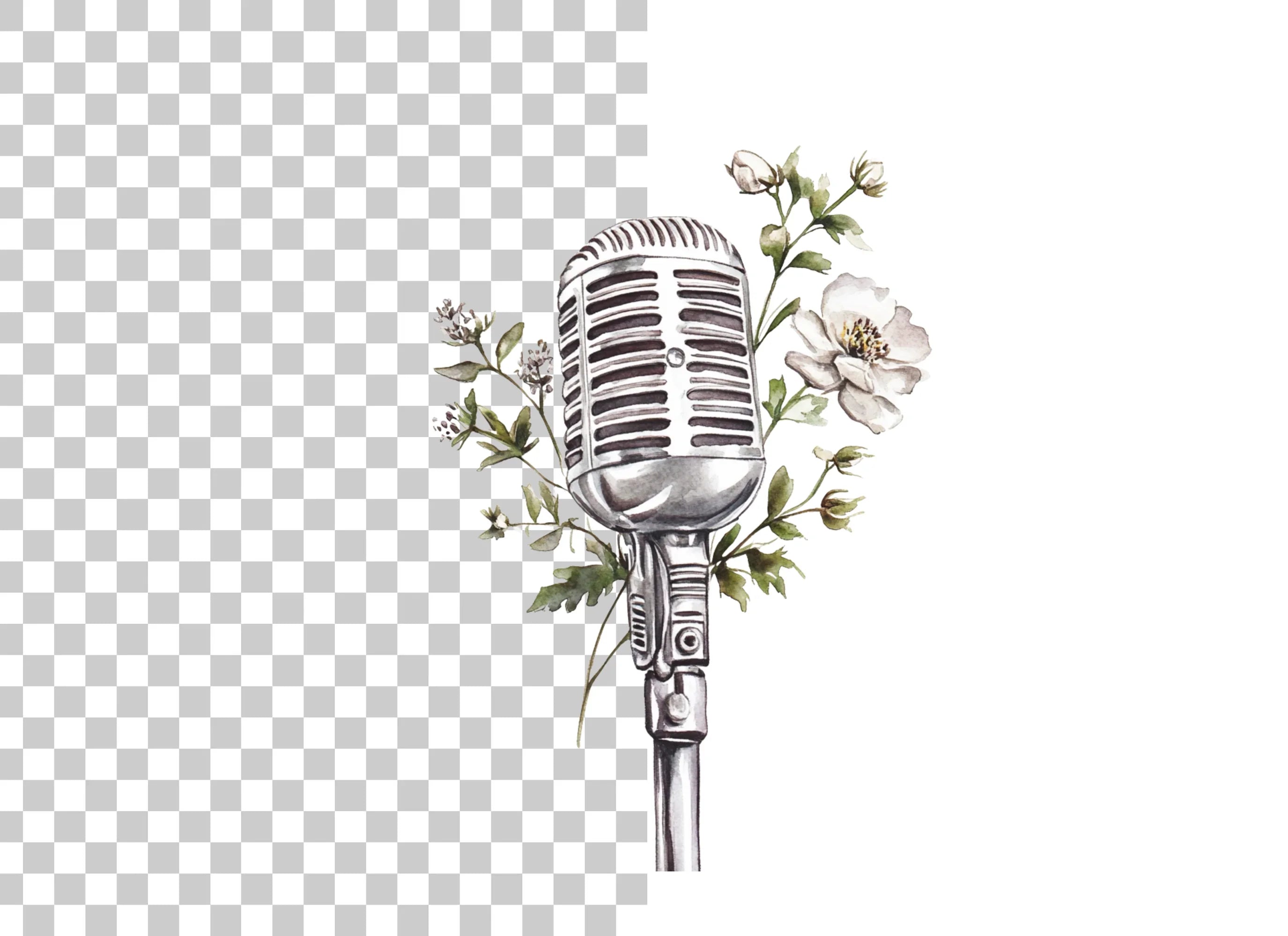 Retro Microphone with White Flowers Clipart Bundle