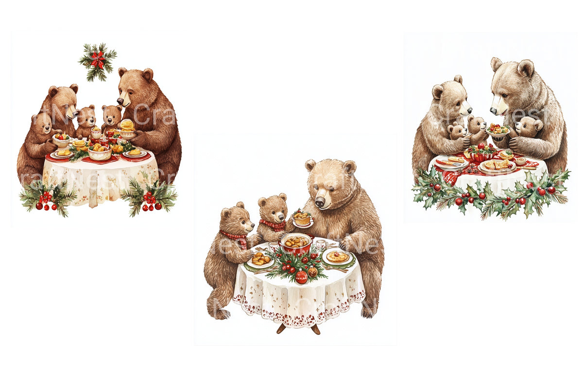 Christmas Bear Family Dinner Party Clipart Bundle