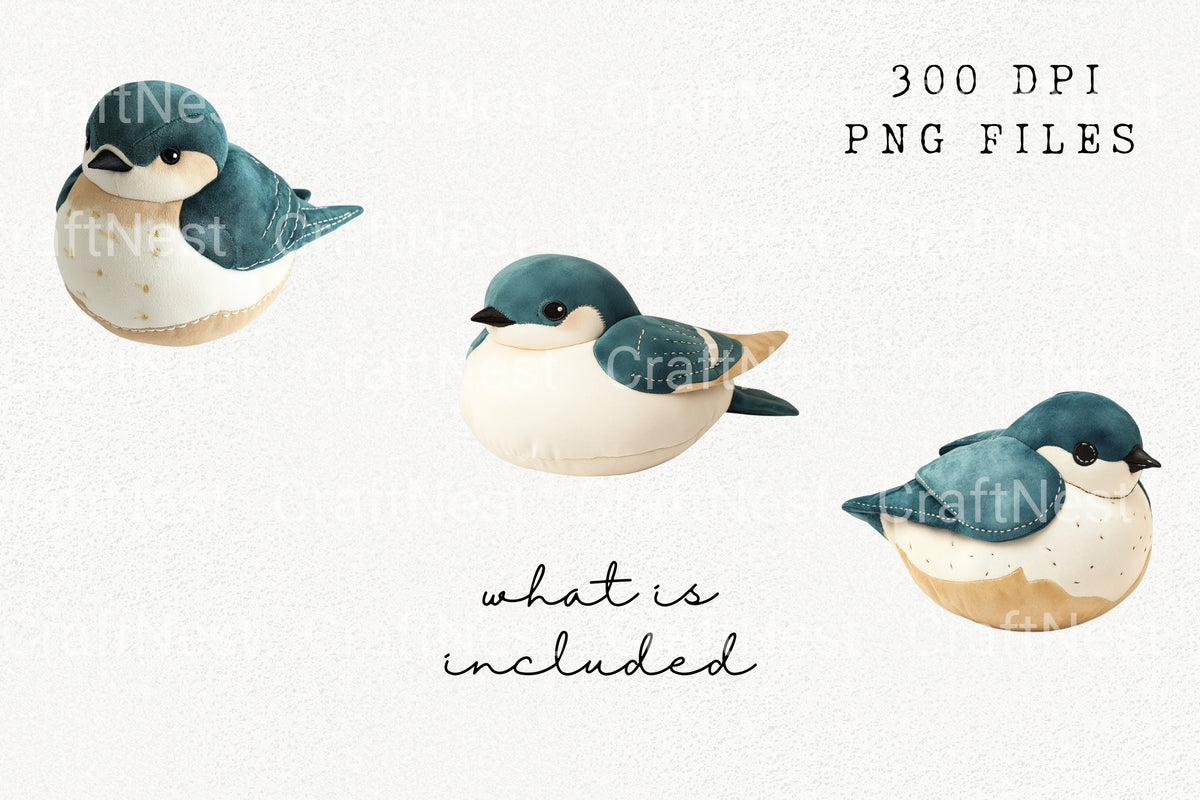 Plush Blue Birds Illustrations Clipart Bundle