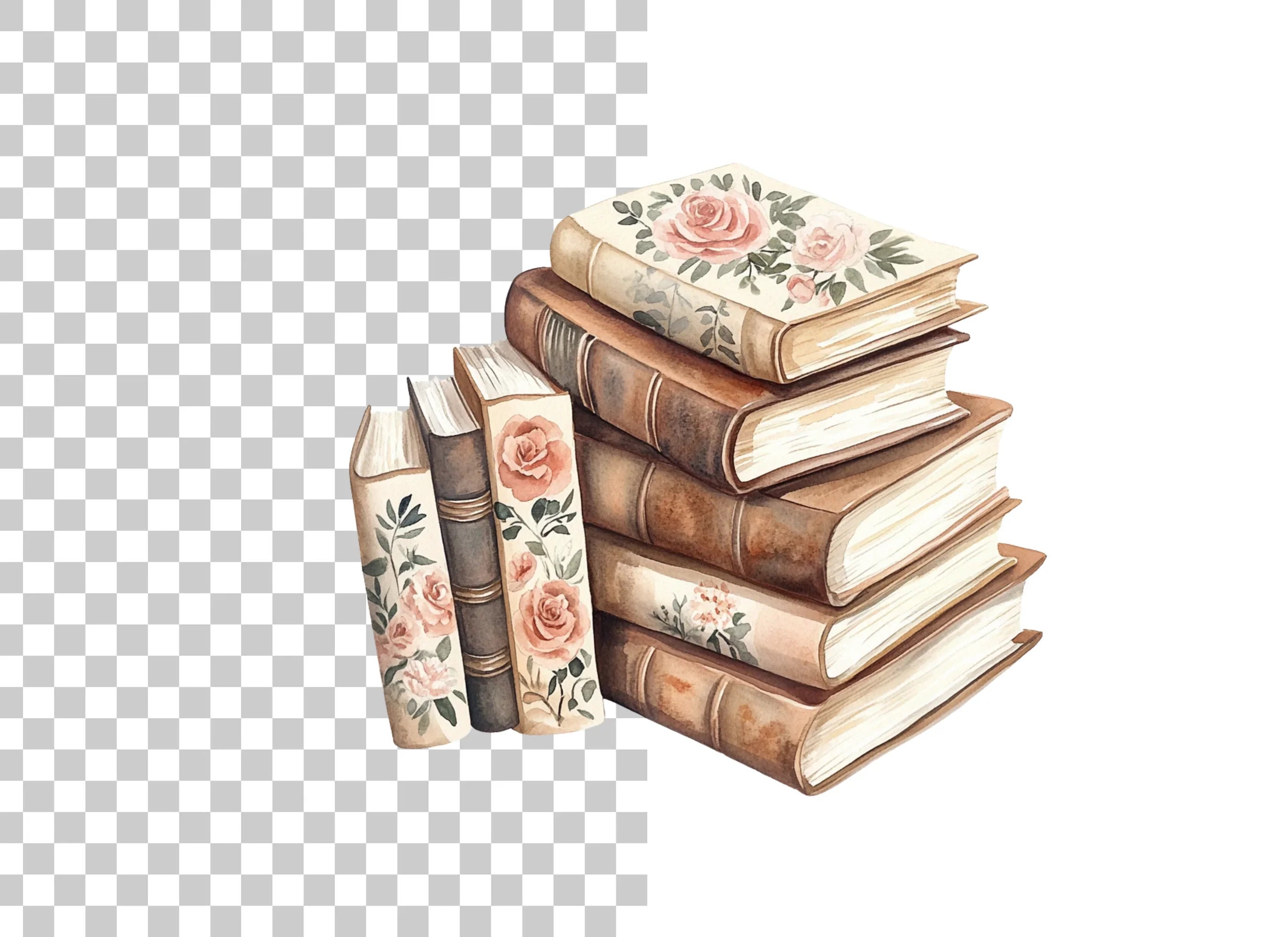 Stacked Books with Roses Clipart Bundle
