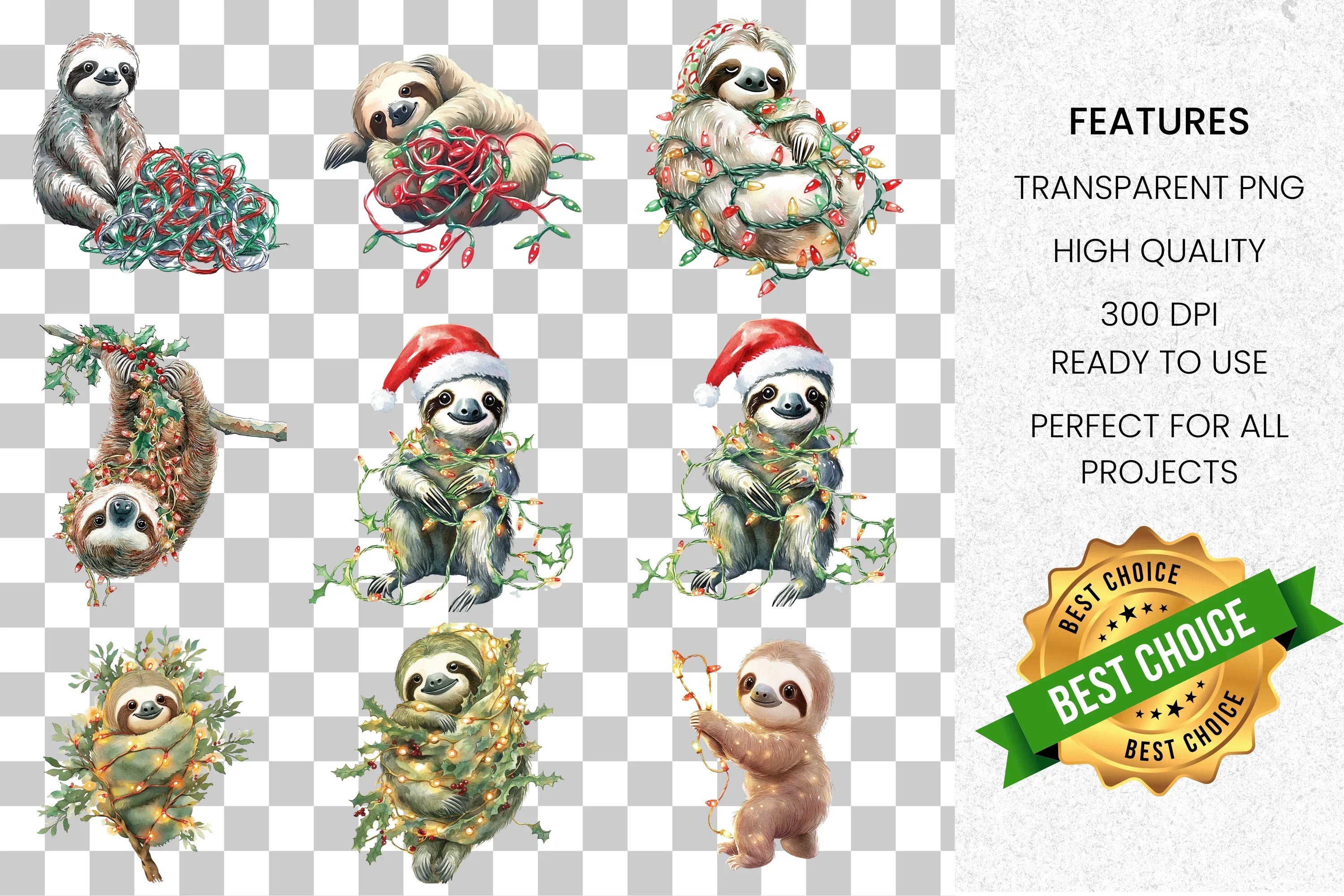 Cute Christmas Sloths Clipart Bundle