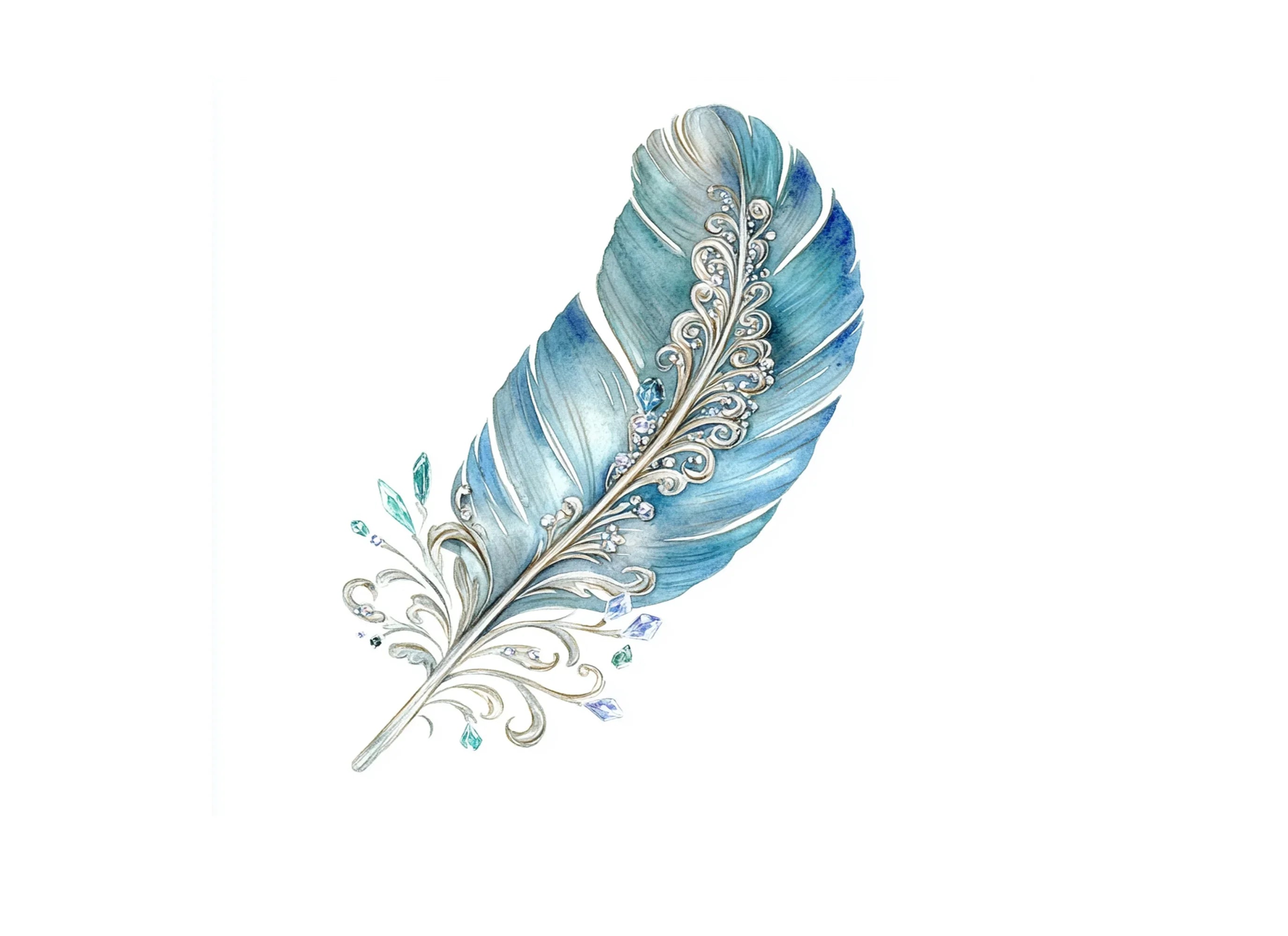 Elegant Blue Jeweled Feather Clipart Bundle