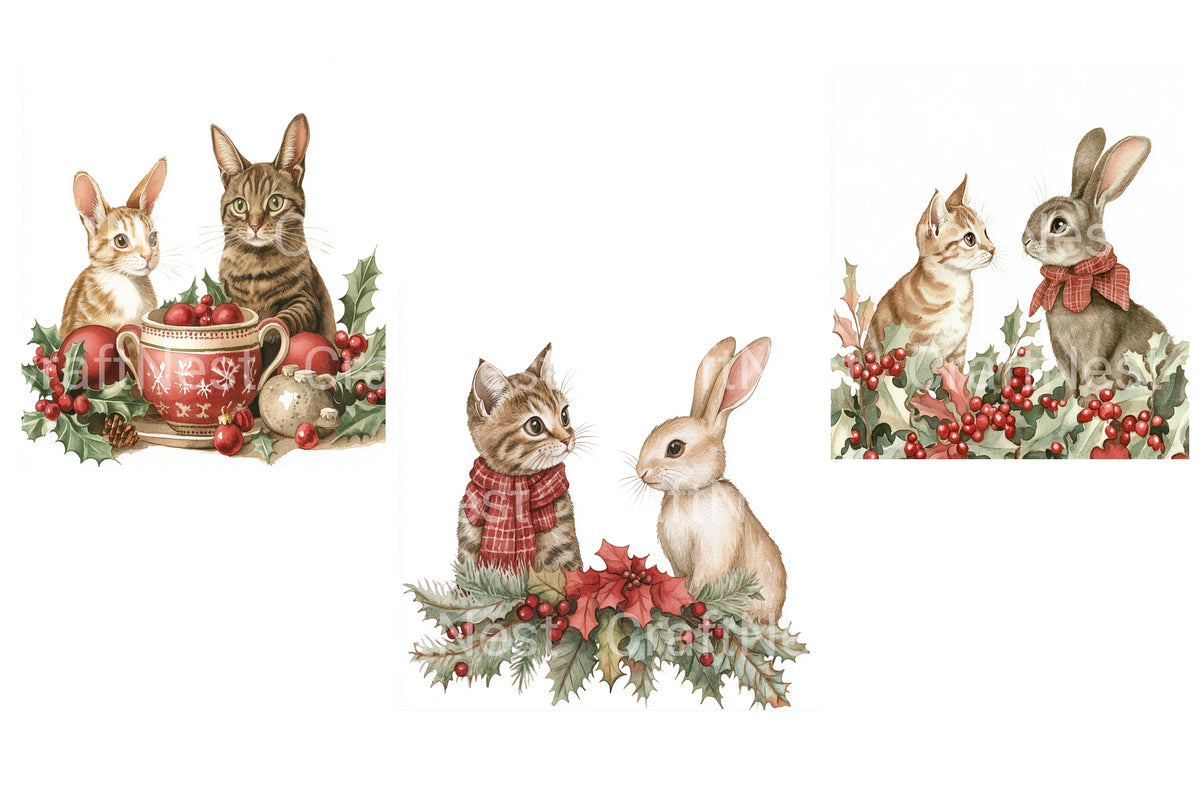 Christmas Cats And Rabbits Holly Clipart Bundle