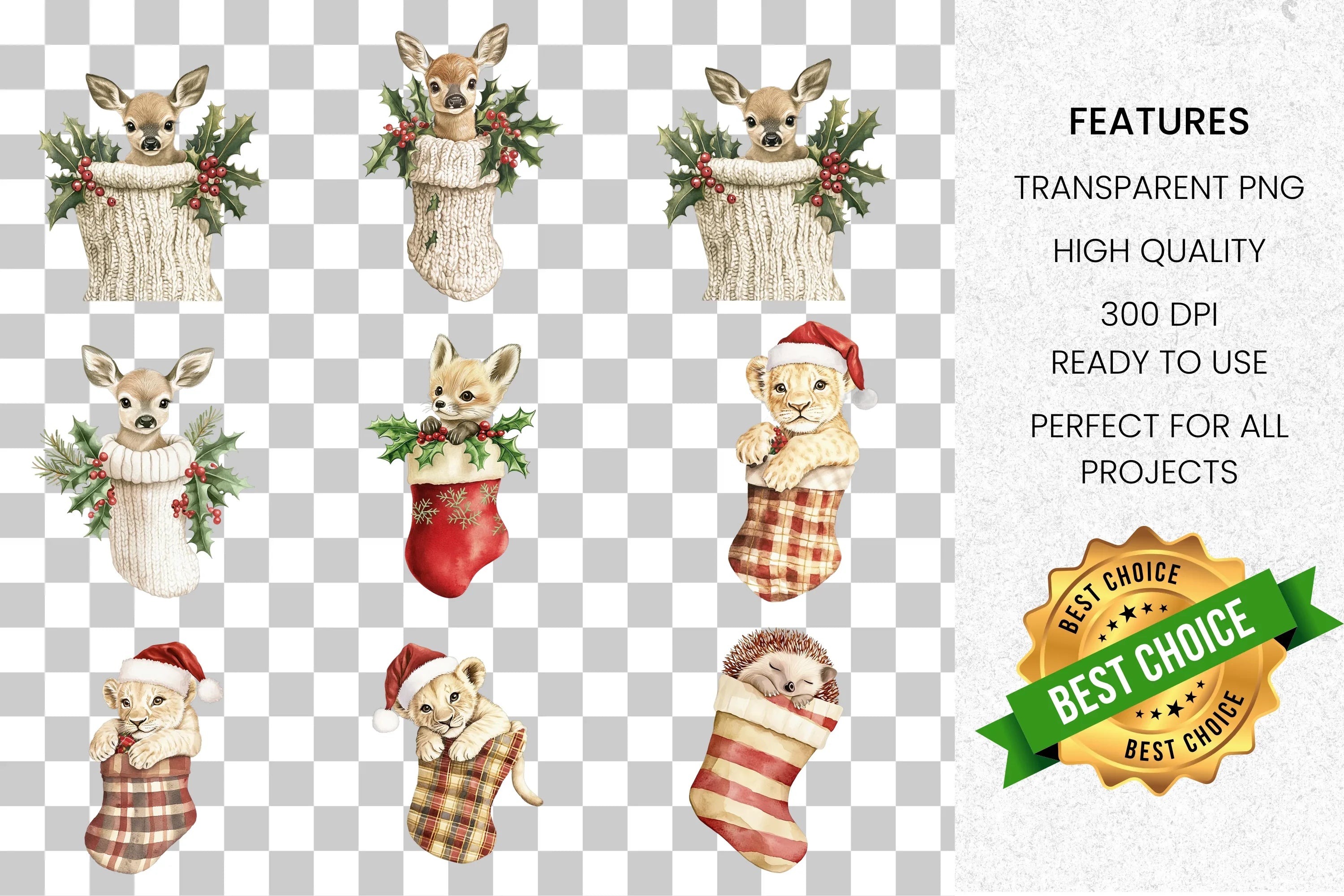 Cute Christmas Animals in Stockings Clipart Bundle