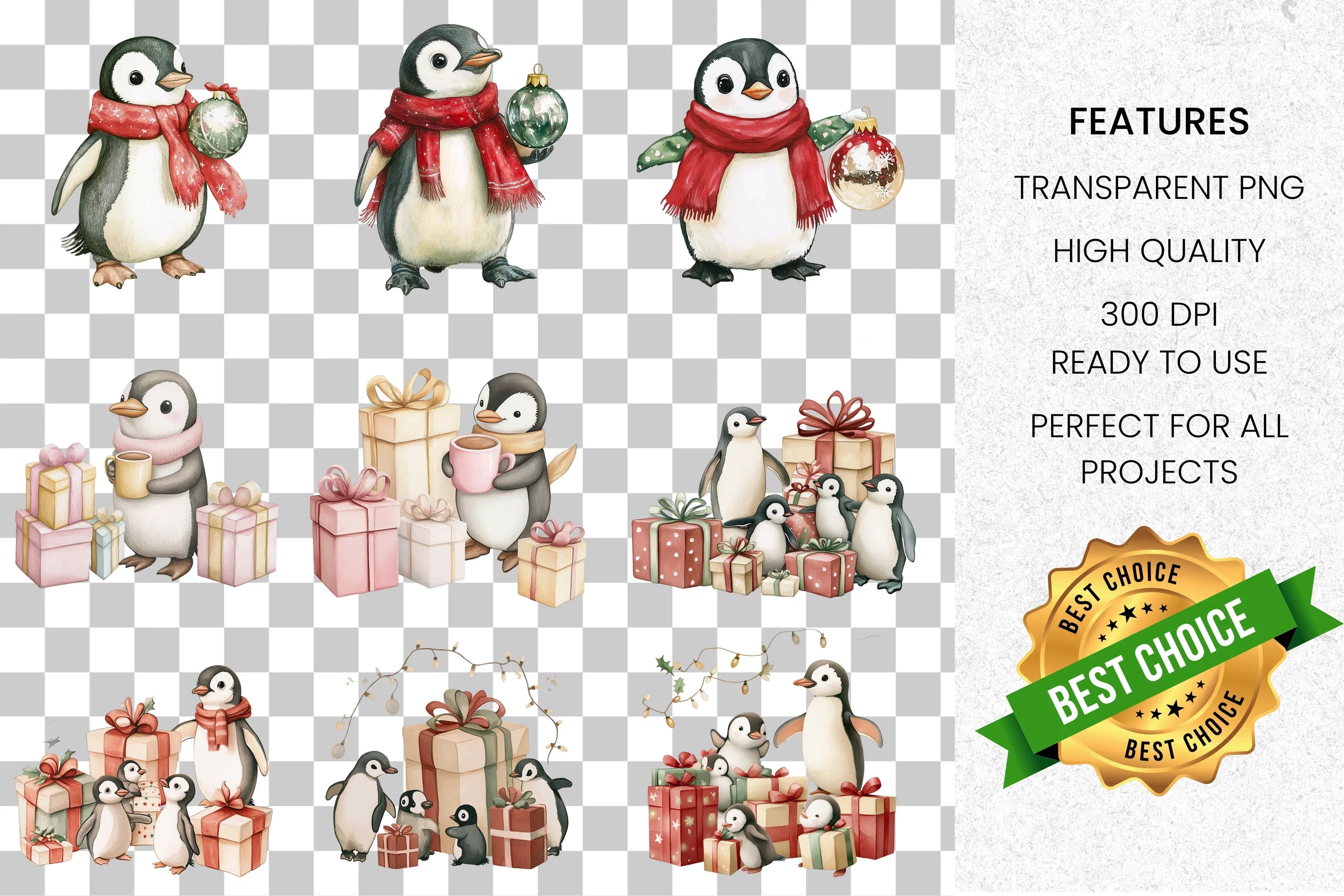Cute Christmas Penguin Clipart Bundle
