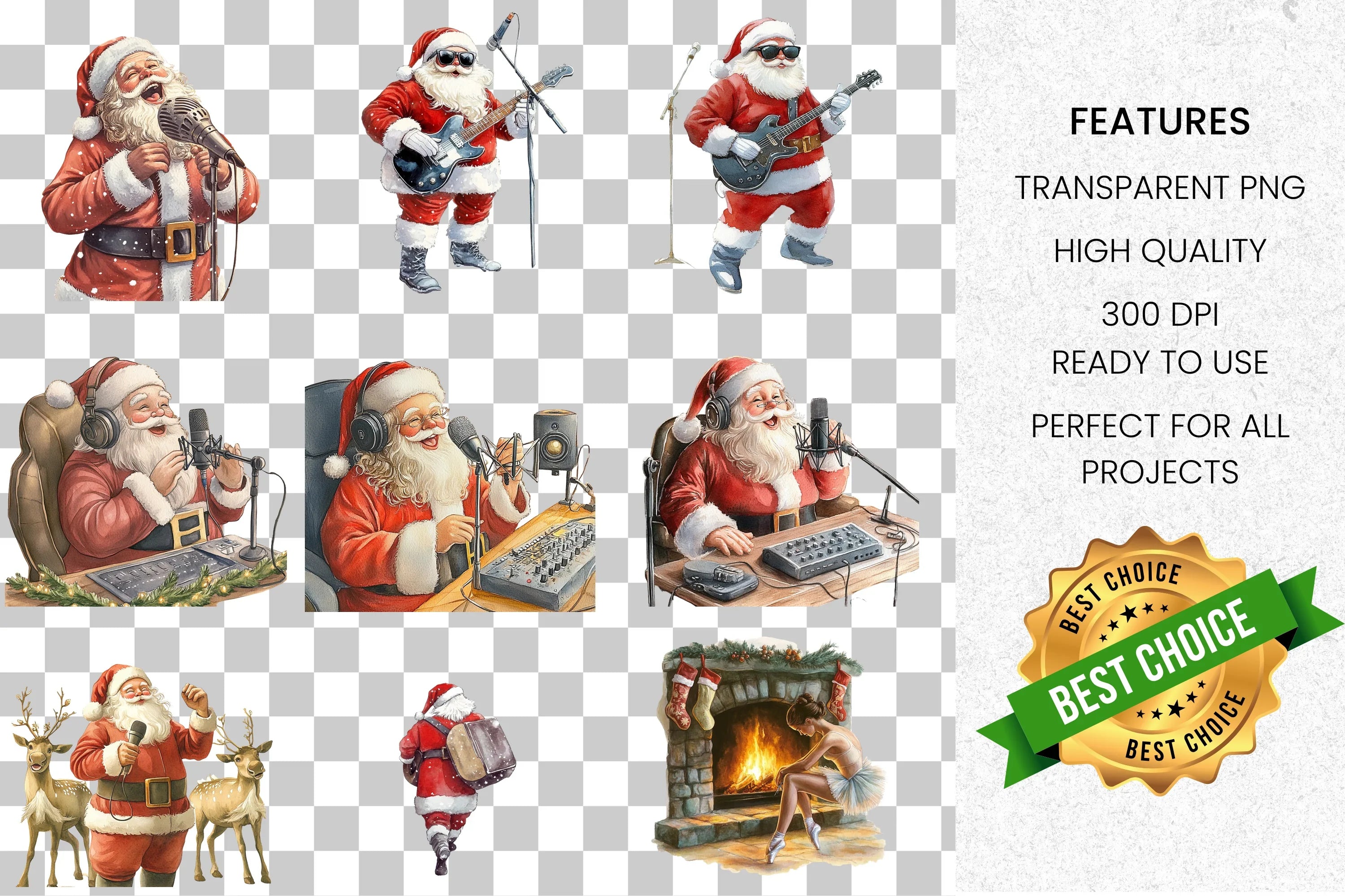 Rockstar Santa & Cozy Christmas Scene Clipart Bundle